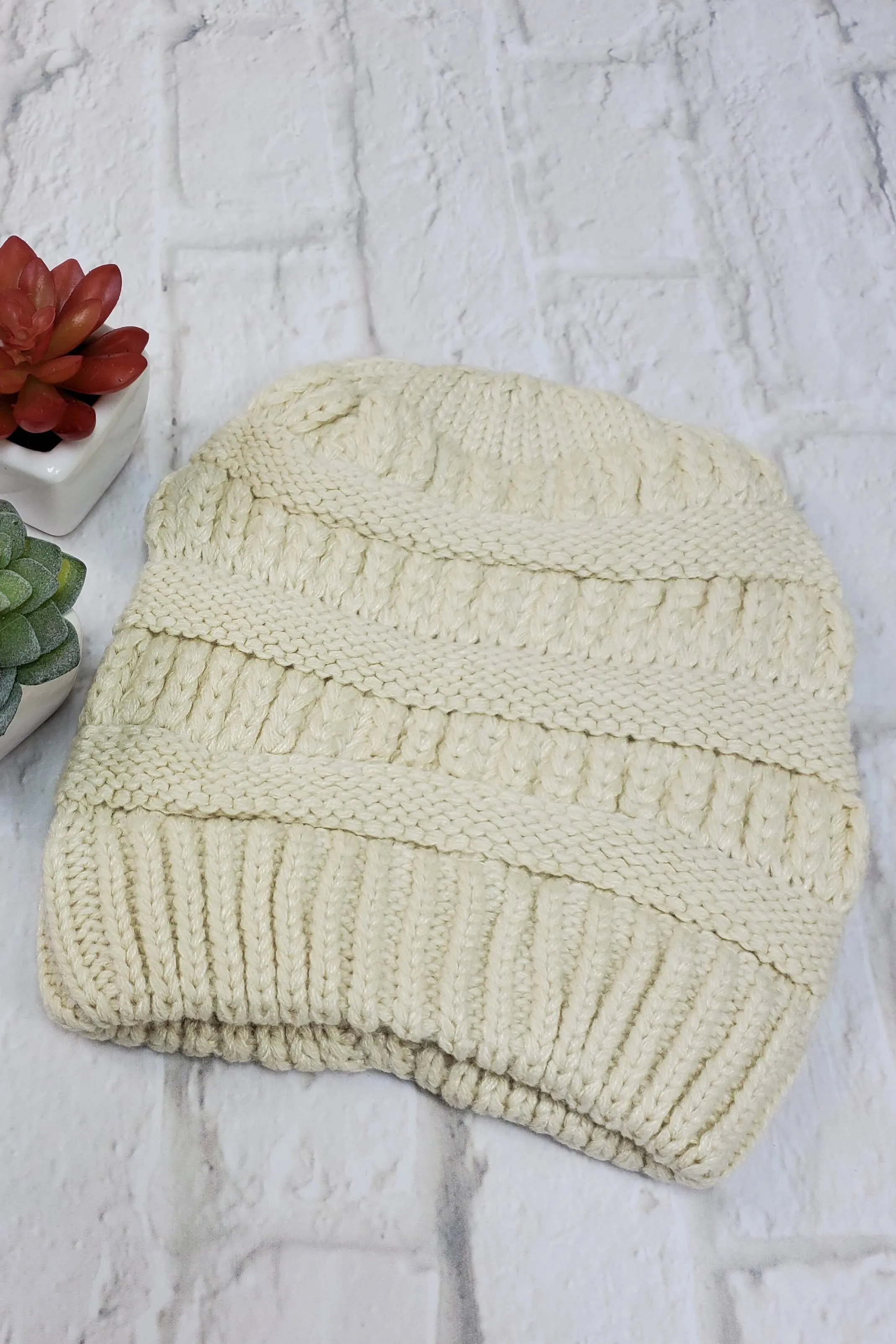 #28 Cream Ponytail Beanie