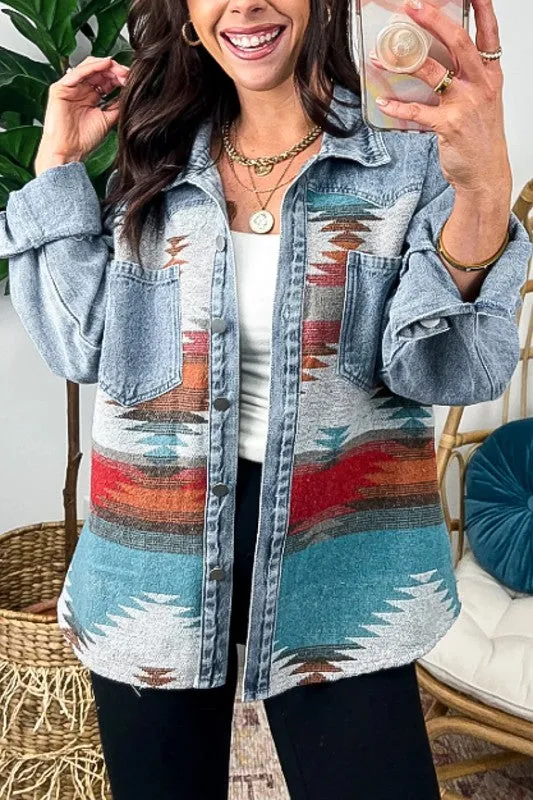 Aztec Print Lapel Pocket Casual Denim Jacket