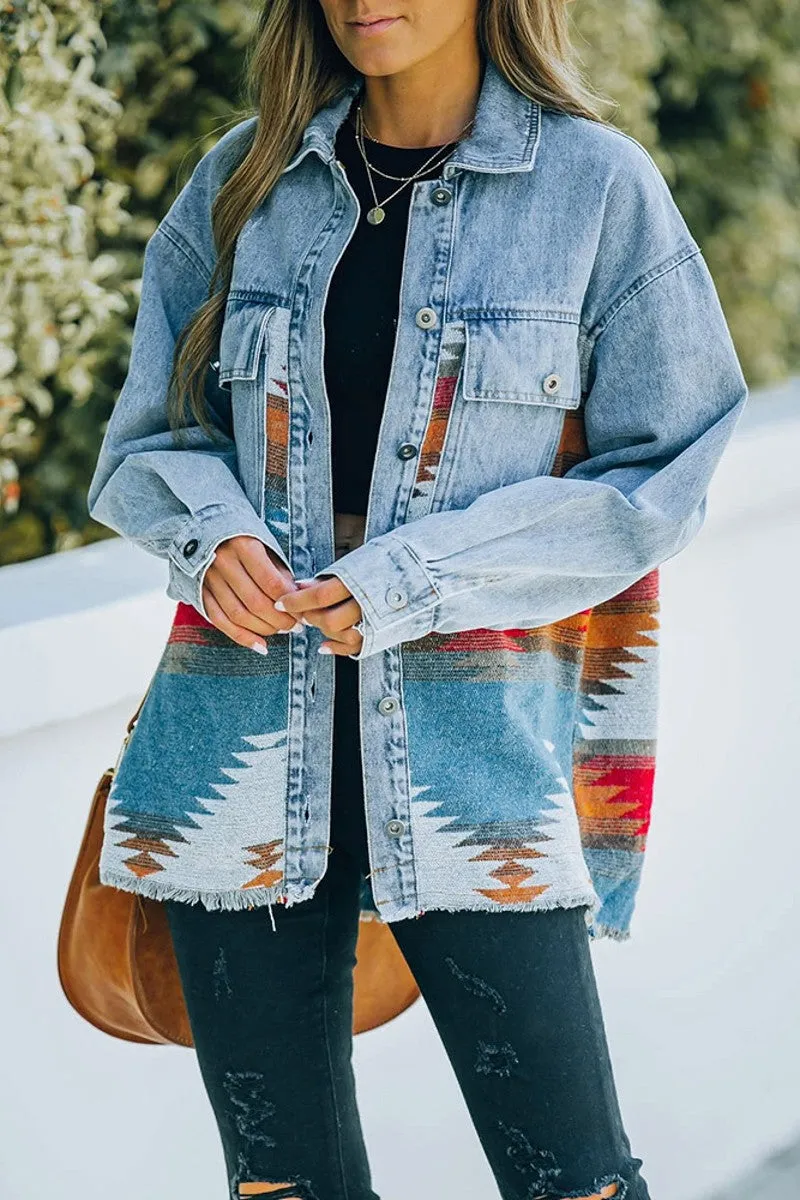 Aztec Print Lapel Pocket Casual Denim Jacket