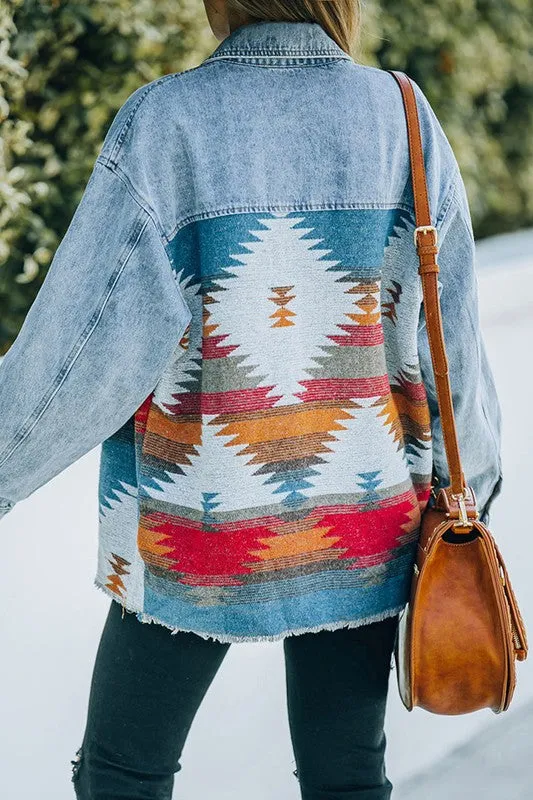 Aztec Print Lapel Pocket Casual Denim Jacket