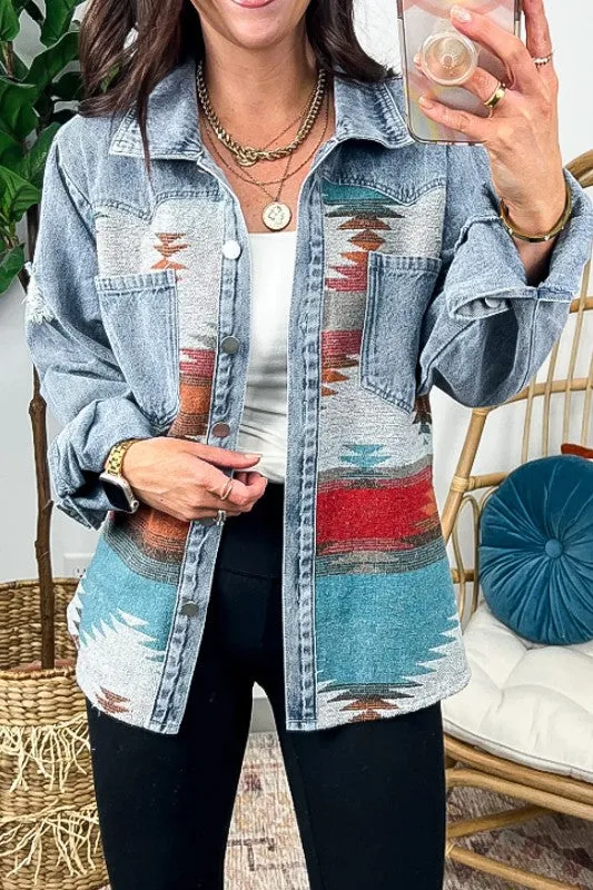Aztec Print Lapel Pocket Casual Denim Jacket