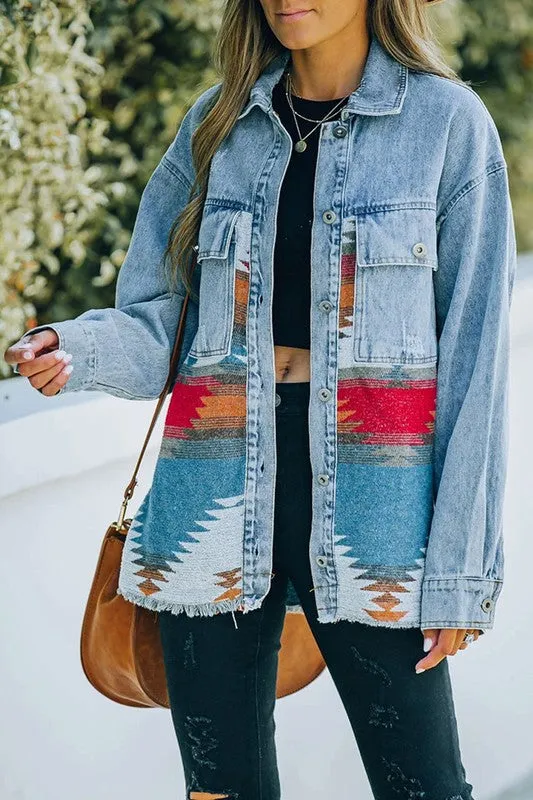 Aztec Print Lapel Pocket Casual Denim Jacket