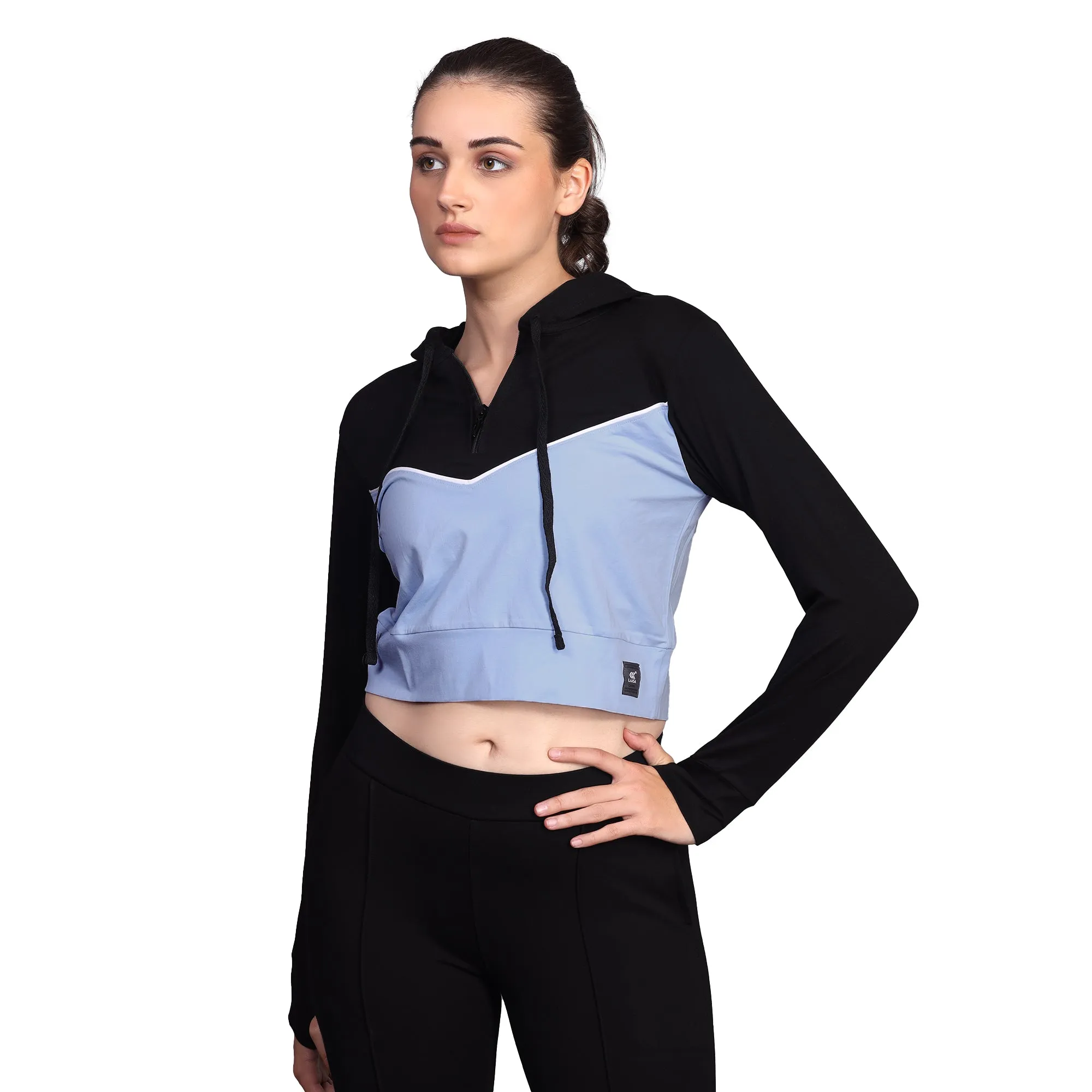 BLACK & PURPLE PULL OVER CROP HOODIE WITH PONY TAIL