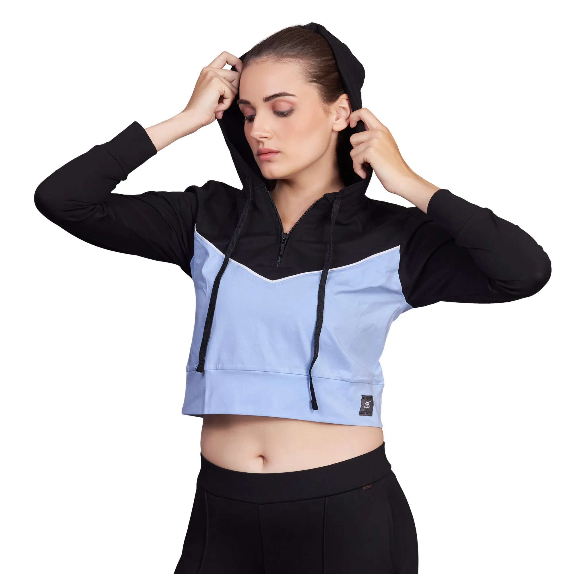 BLACK & PURPLE PULL OVER CROP HOODIE WITH PONY TAIL