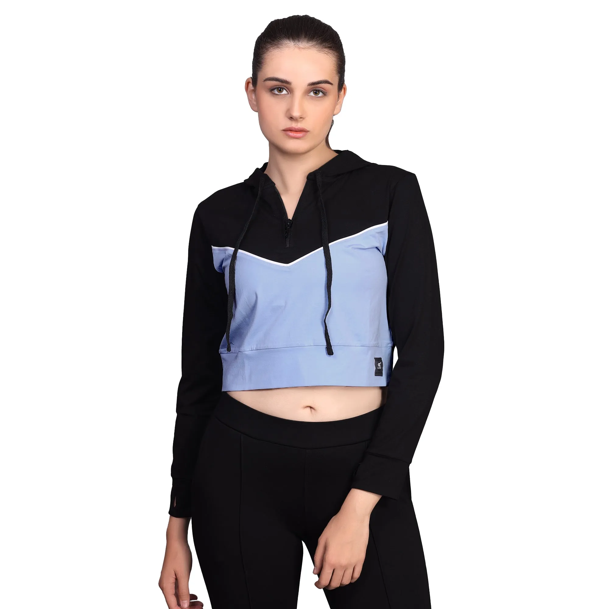 BLACK & PURPLE PULL OVER CROP HOODIE WITH PONY TAIL