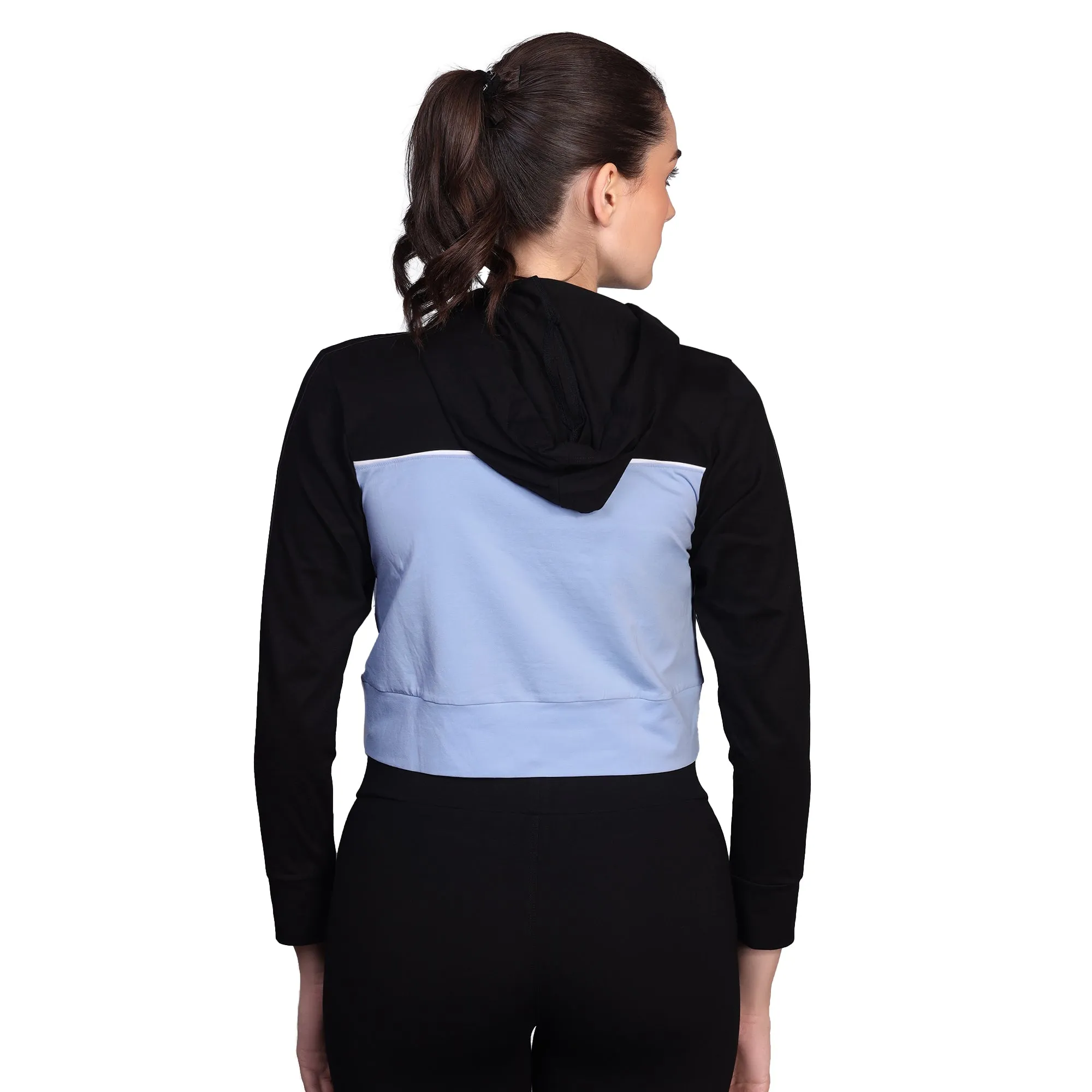 BLACK & PURPLE PULL OVER CROP HOODIE WITH PONY TAIL