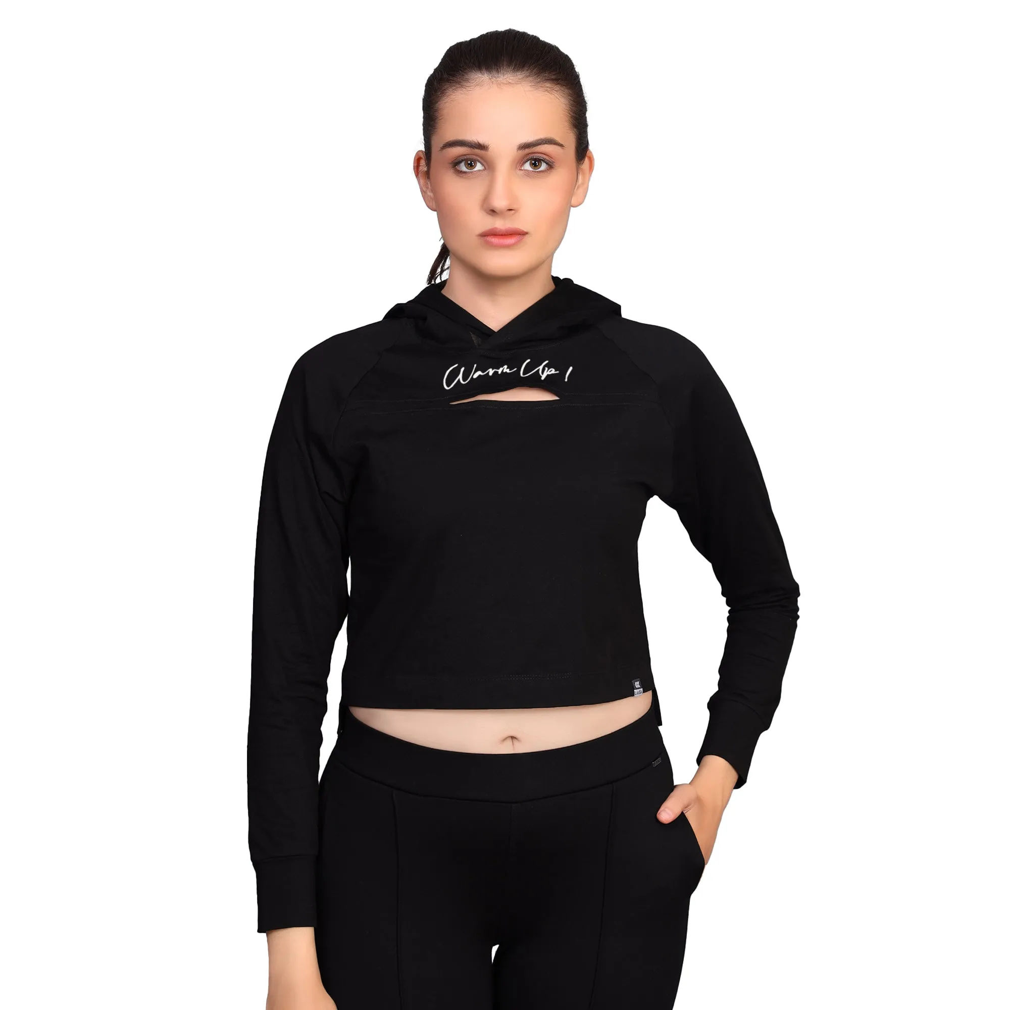 BLACK CUT OUT COTTON CROP TOP WITH HIGH LOW HEM