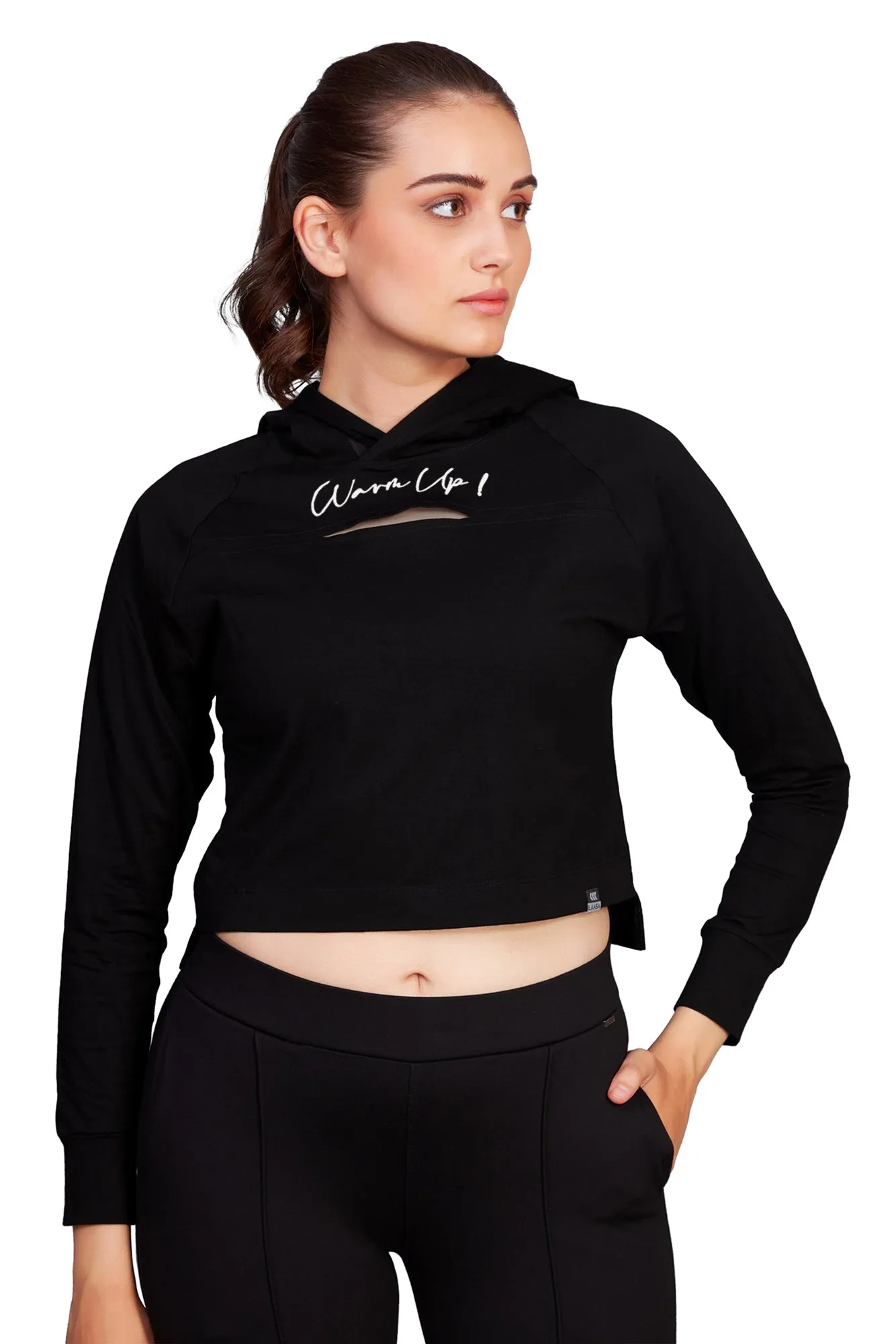 BLACK CUT OUT COTTON CROP TOP WITH HIGH LOW HEM