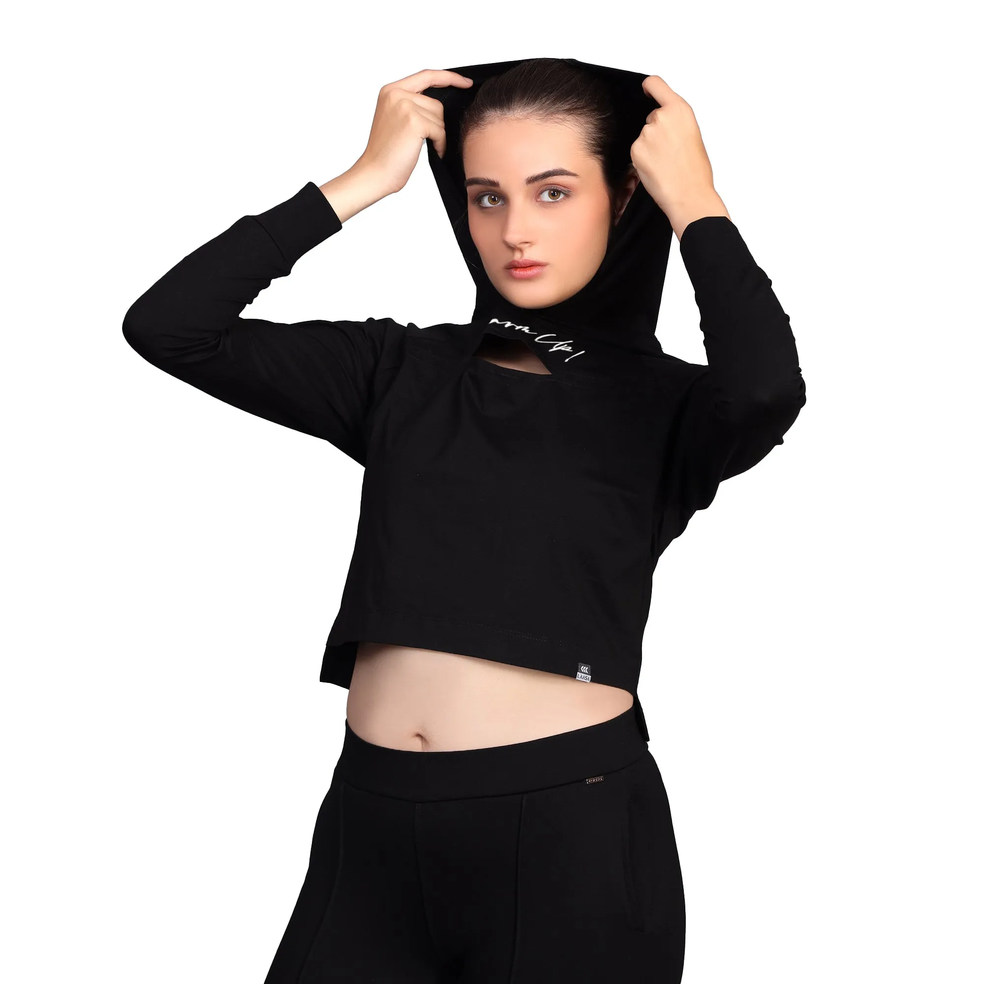 BLACK CUT OUT COTTON CROP TOP WITH HIGH LOW HEM