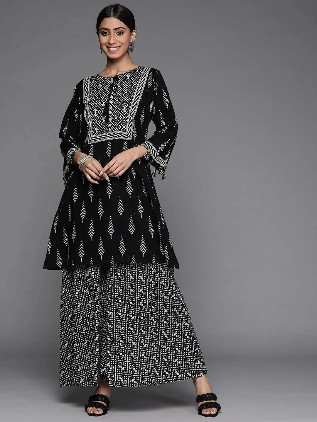 Black Printed Cotton A-Line Kurta With Palazzos