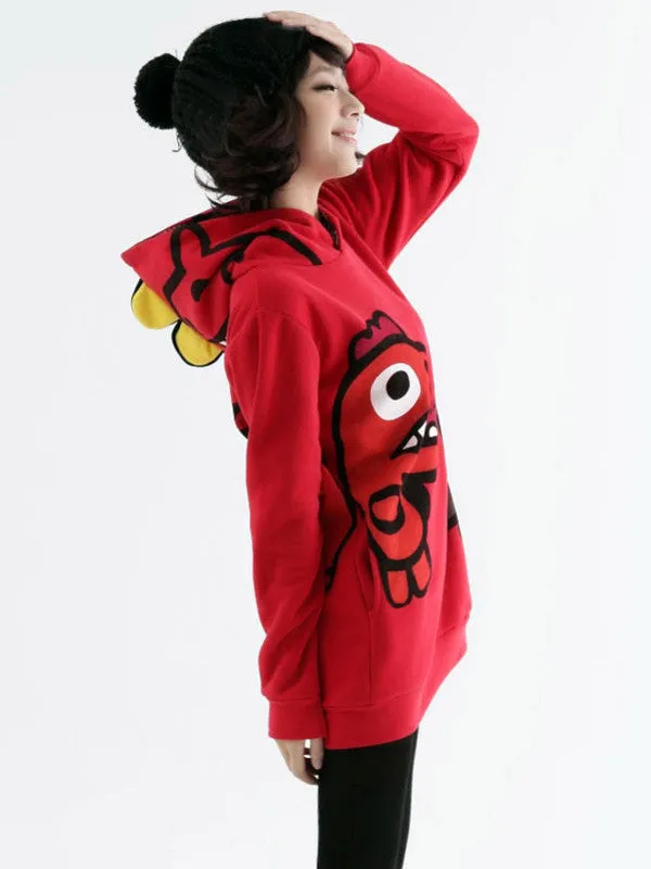 cartoon dino fleece hooded pullover