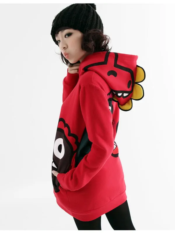 cartoon dino fleece hooded pullover