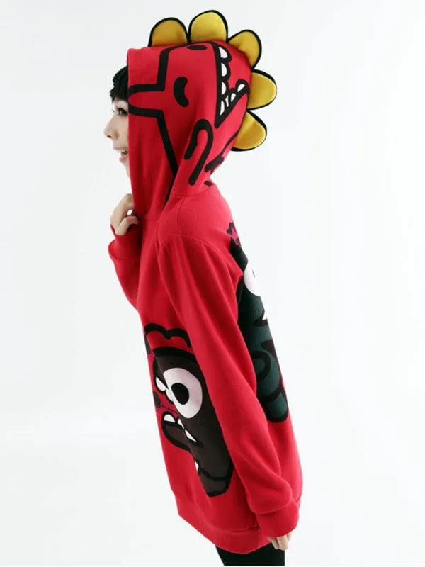 cartoon dino fleece hooded pullover