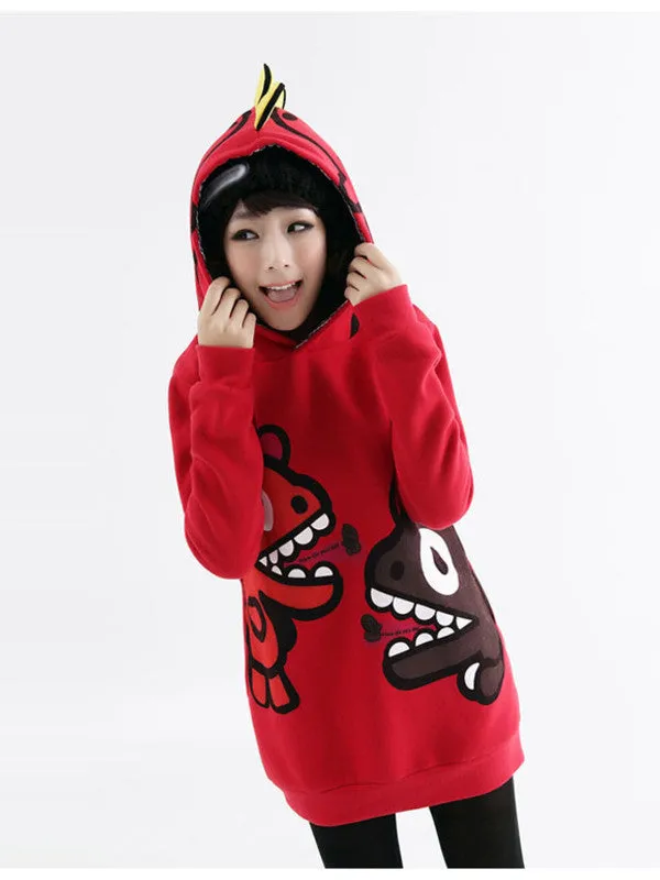 cartoon dino fleece hooded pullover