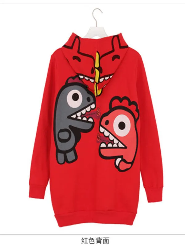 cartoon dino fleece hooded pullover