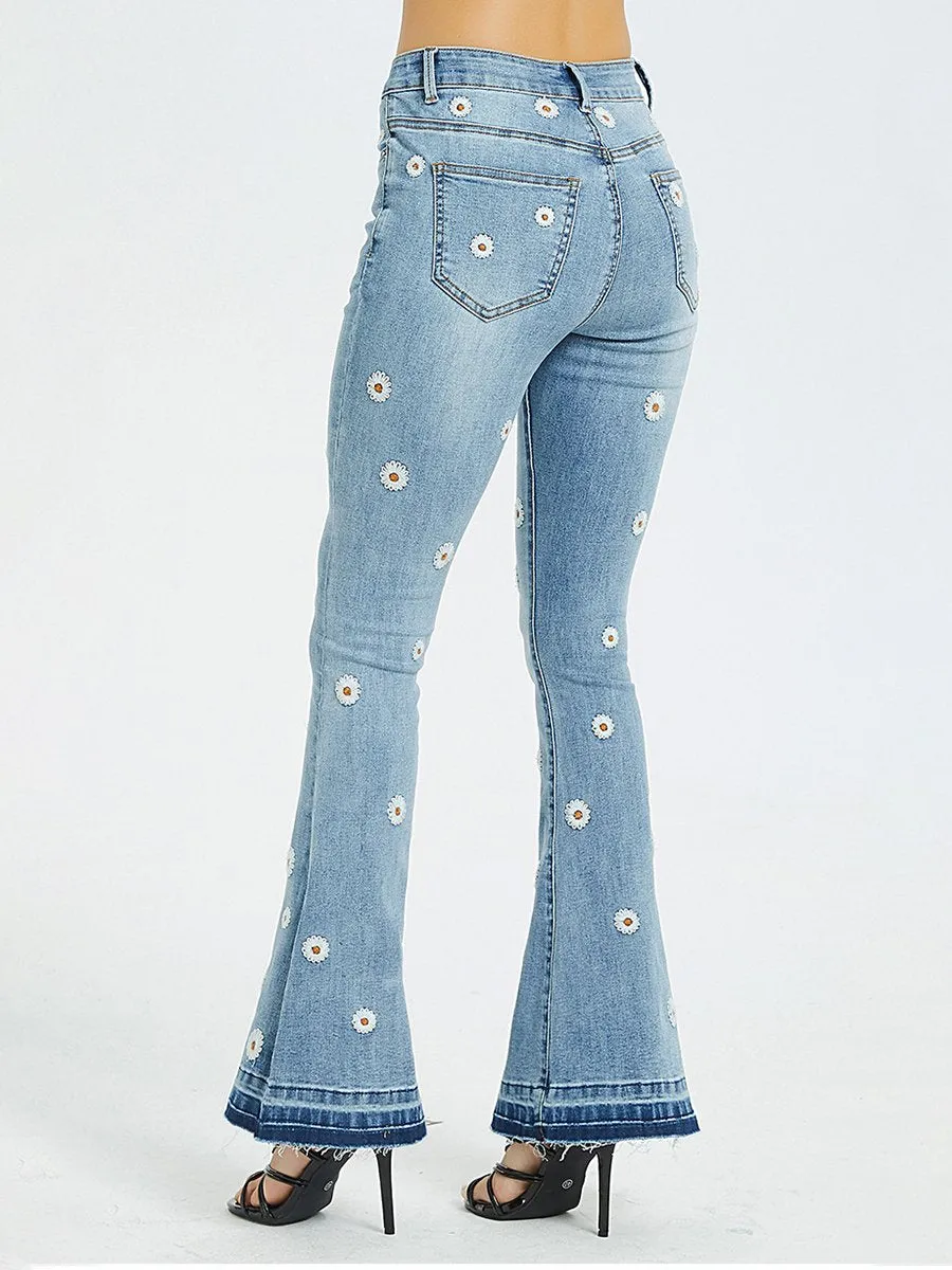 Chic Daisy Embroidered Slim-fit Flared Jeans