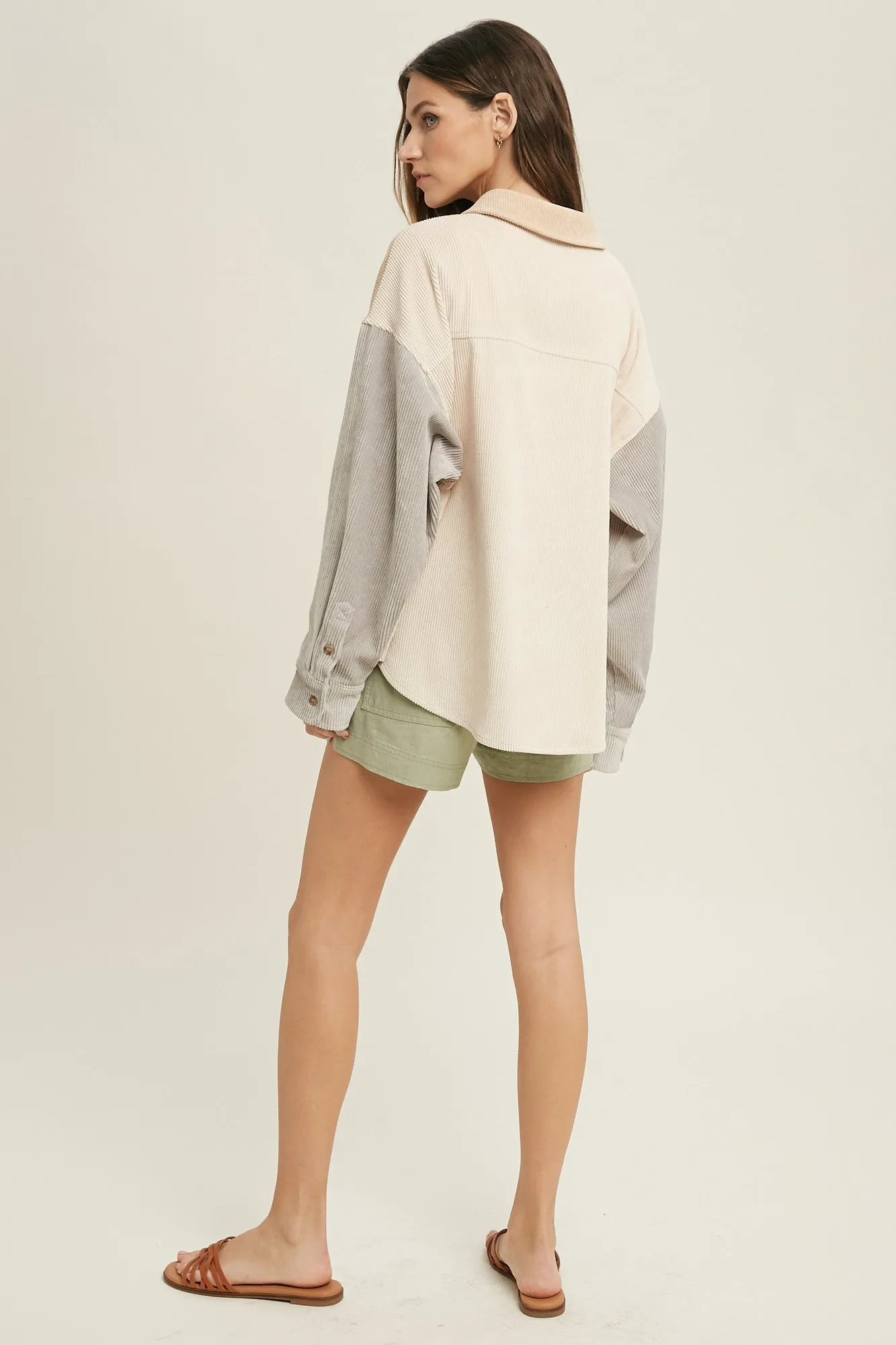 colorblock corduroy shacket - taupe combo