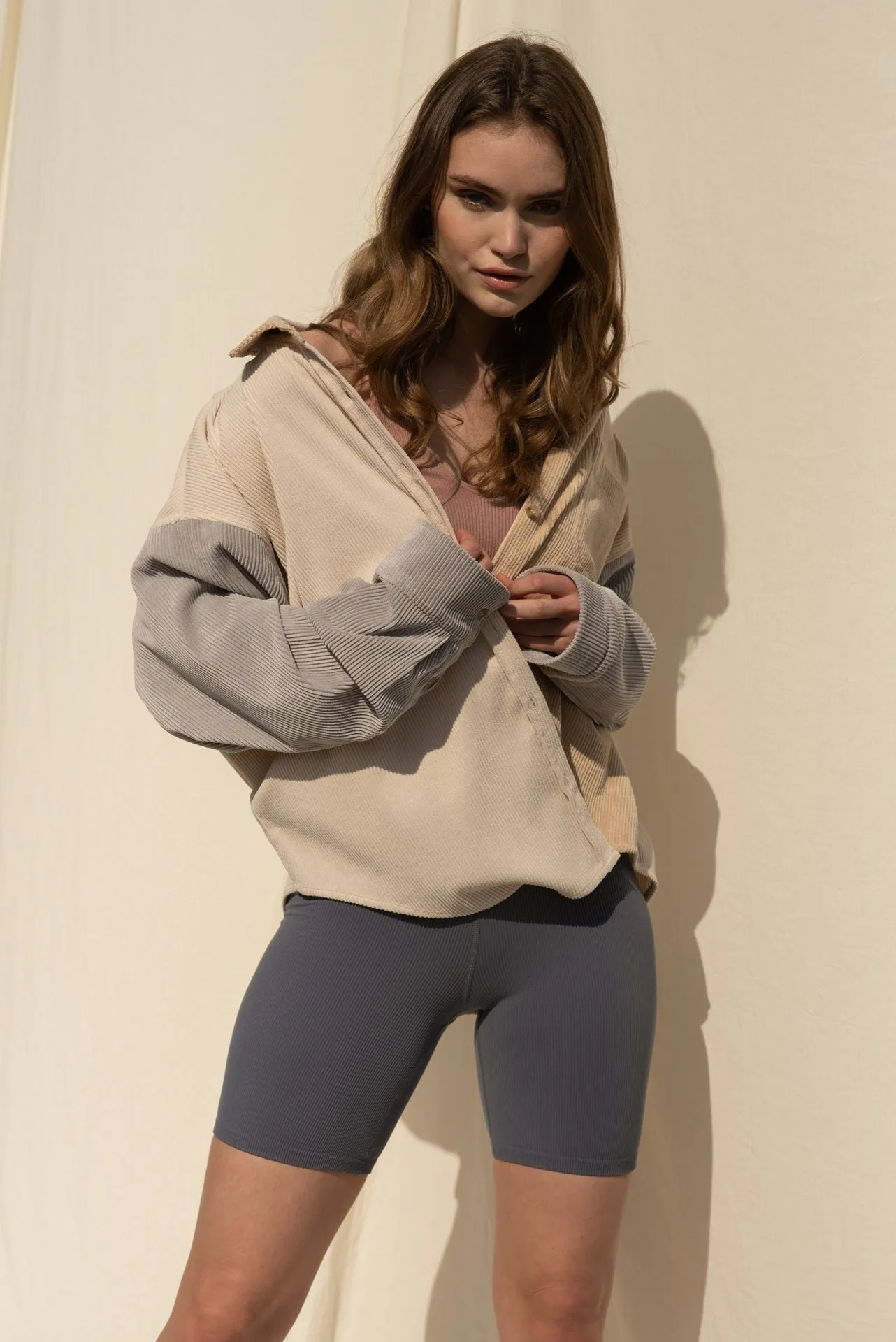 colorblock corduroy shacket - taupe combo
