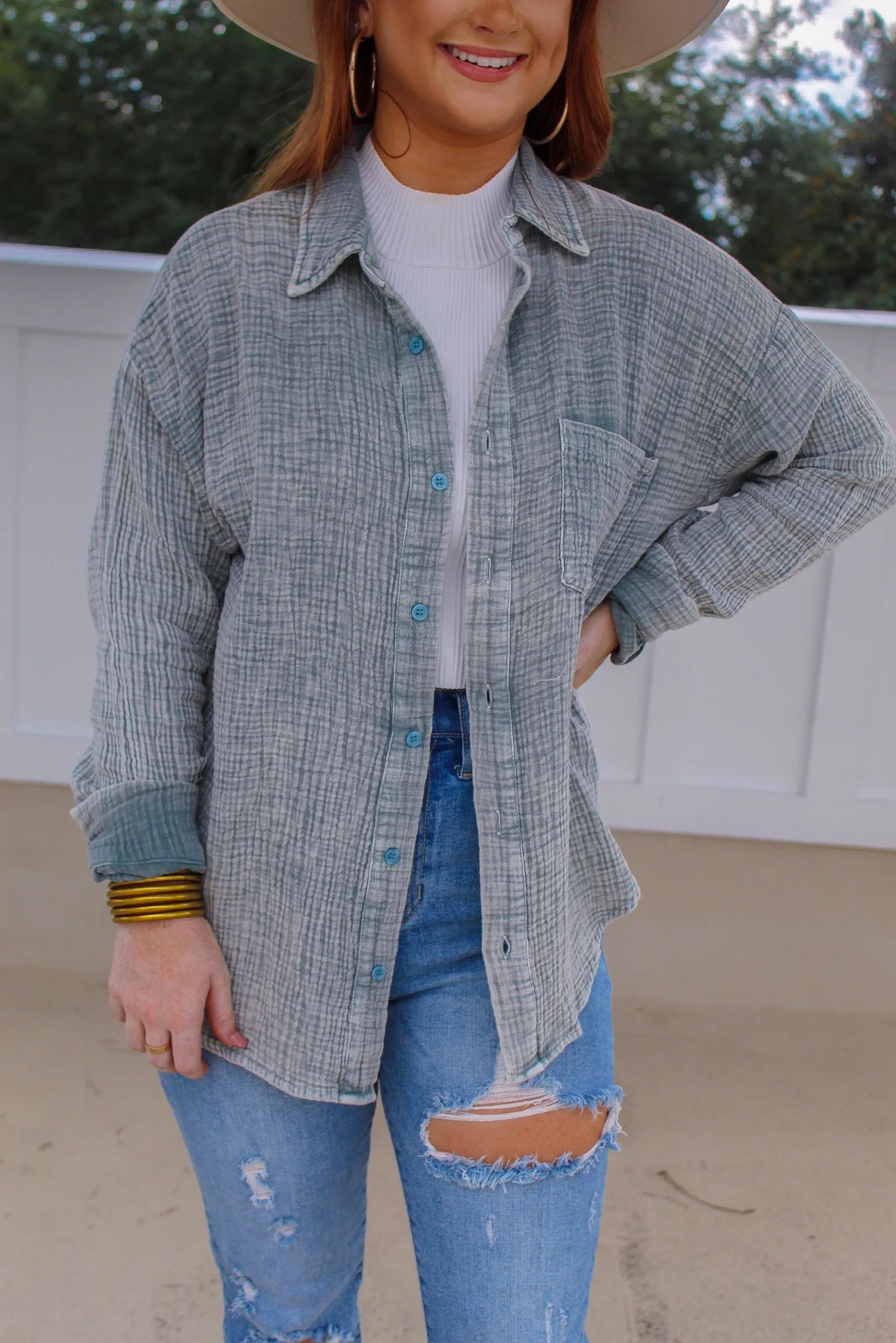 Faith Washed Oversize Button Up Shacket- Teal Green