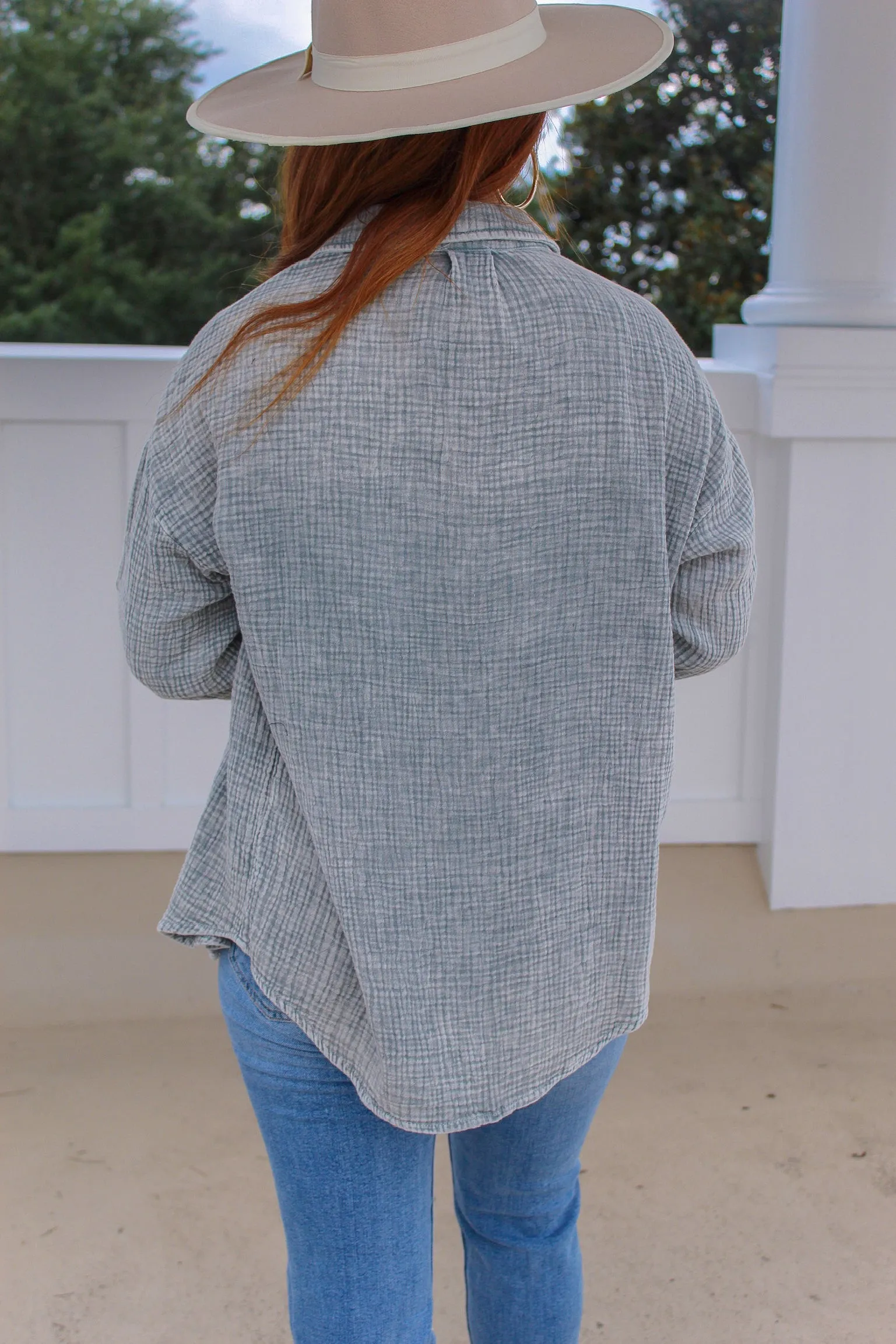 Faith Washed Oversize Button Up Shacket- Teal Green