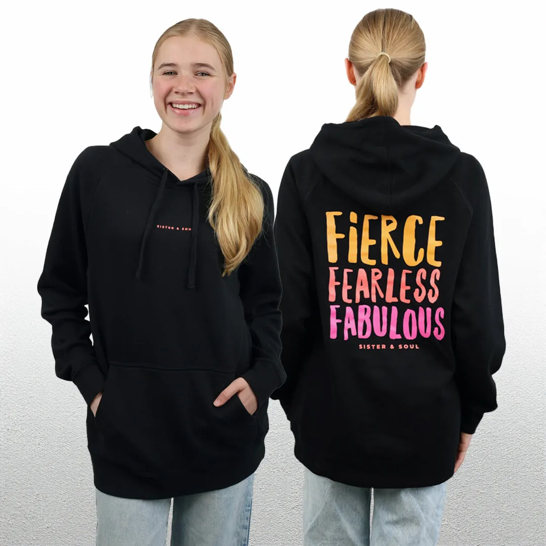 FIERCE FEARLESS FABULOUS HOODIE - Black with Colourful Print