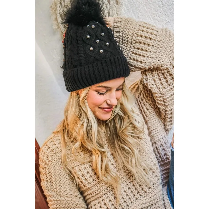 Fur Lined Beanie with Pearls and Pom Poms