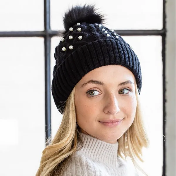 Fur Lined Beanie with Pearls and Pom Poms