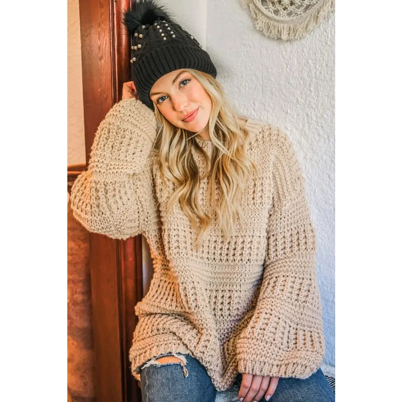 Fur Lined Beanie with Pearls and Pom Poms