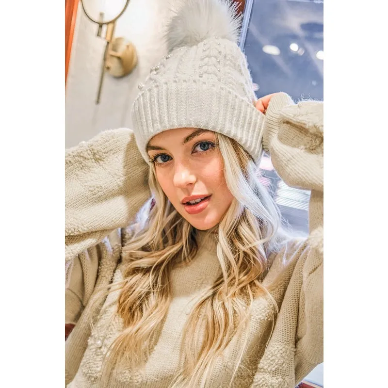 Fur Lined Beanie with Pearls and Pom Poms