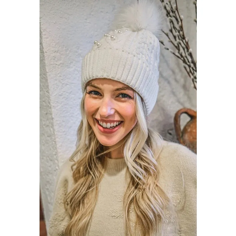 Fur Lined Beanie with Pearls and Pom Poms