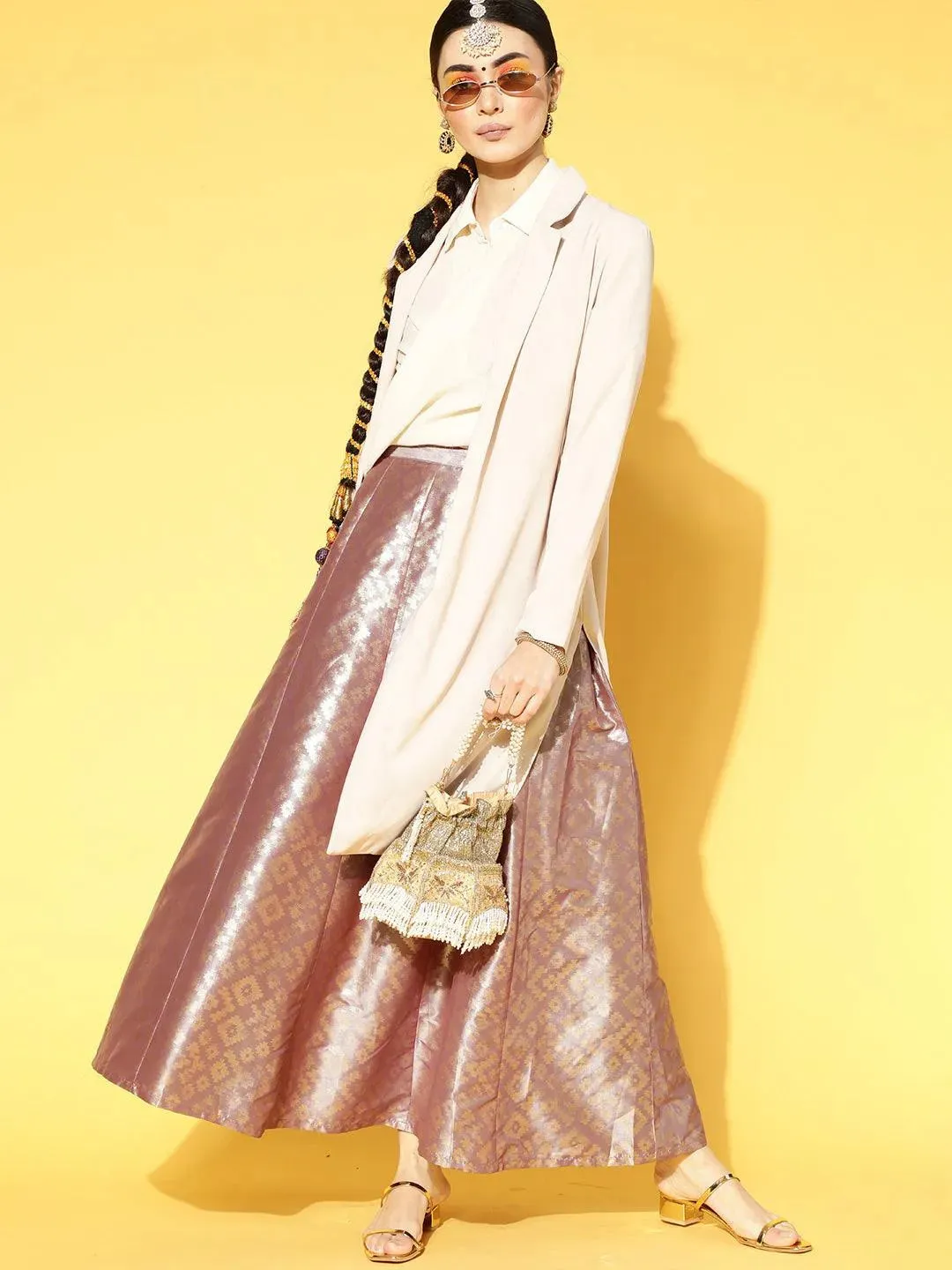 Grey Self Design Silk Blend Skirt