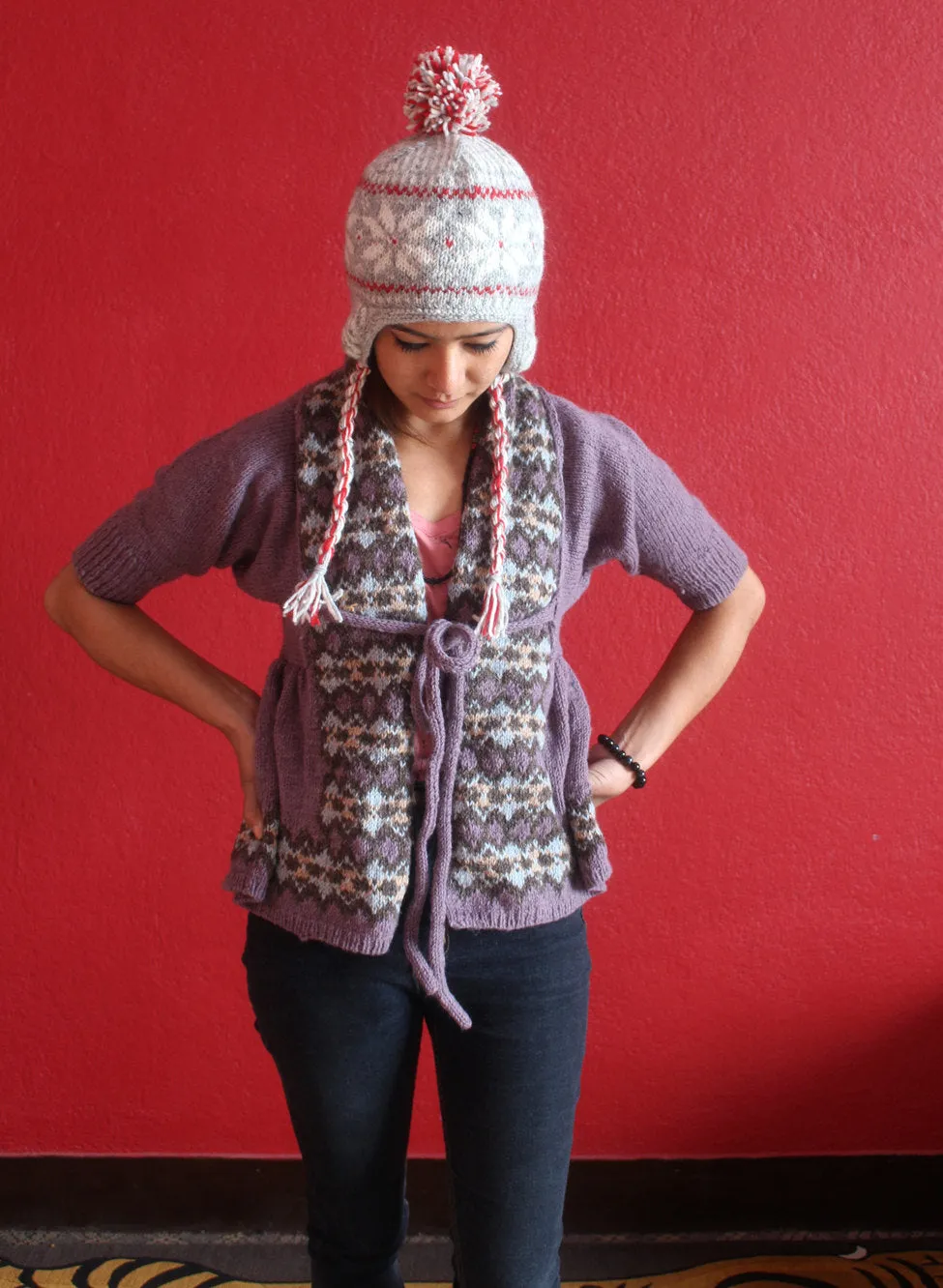 HandKnitted  Snow Flake Sherpa Woolen Cap