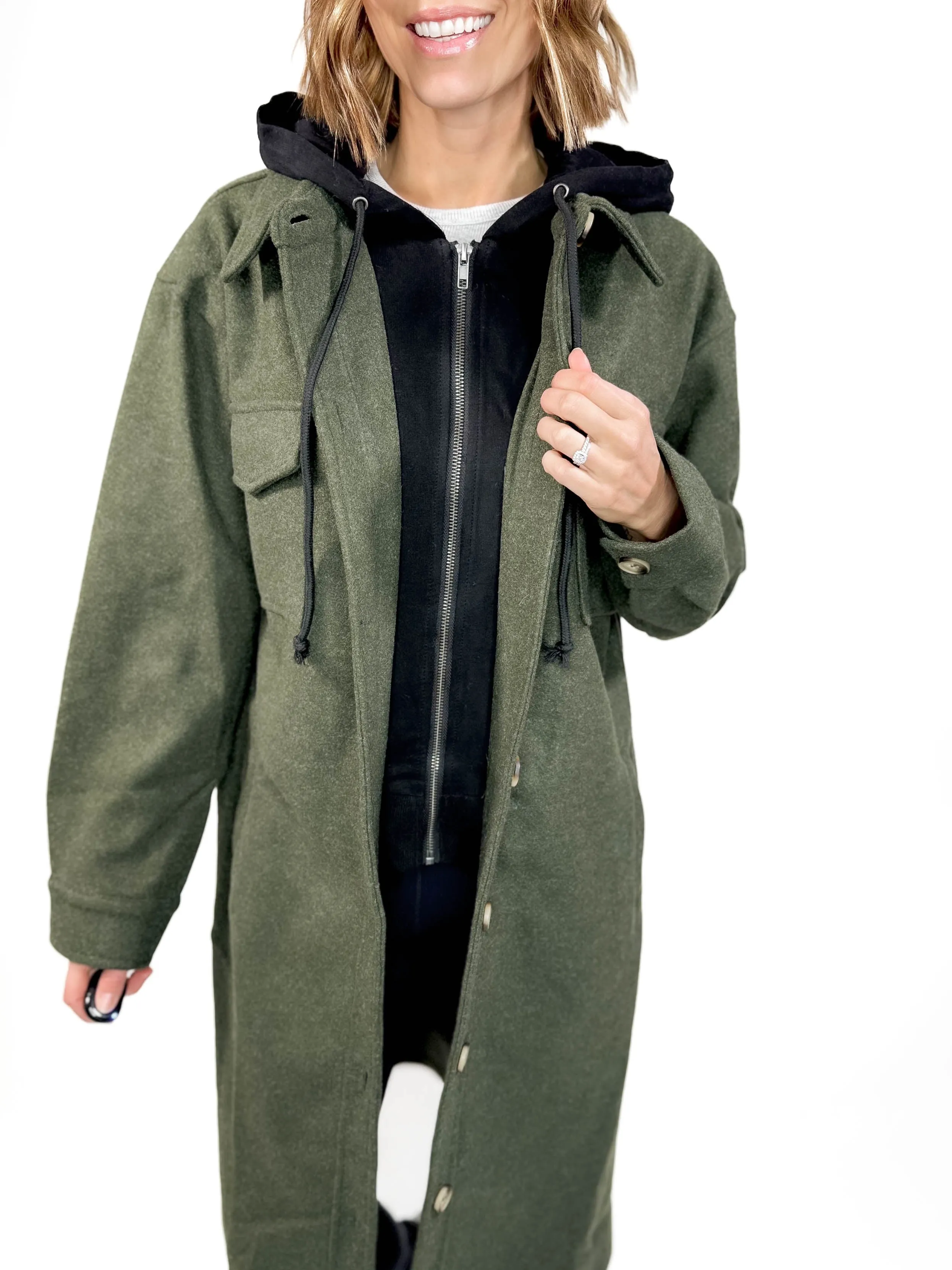 Helena Twofer Hoodie Shacket- GREEN -FINAL SALE