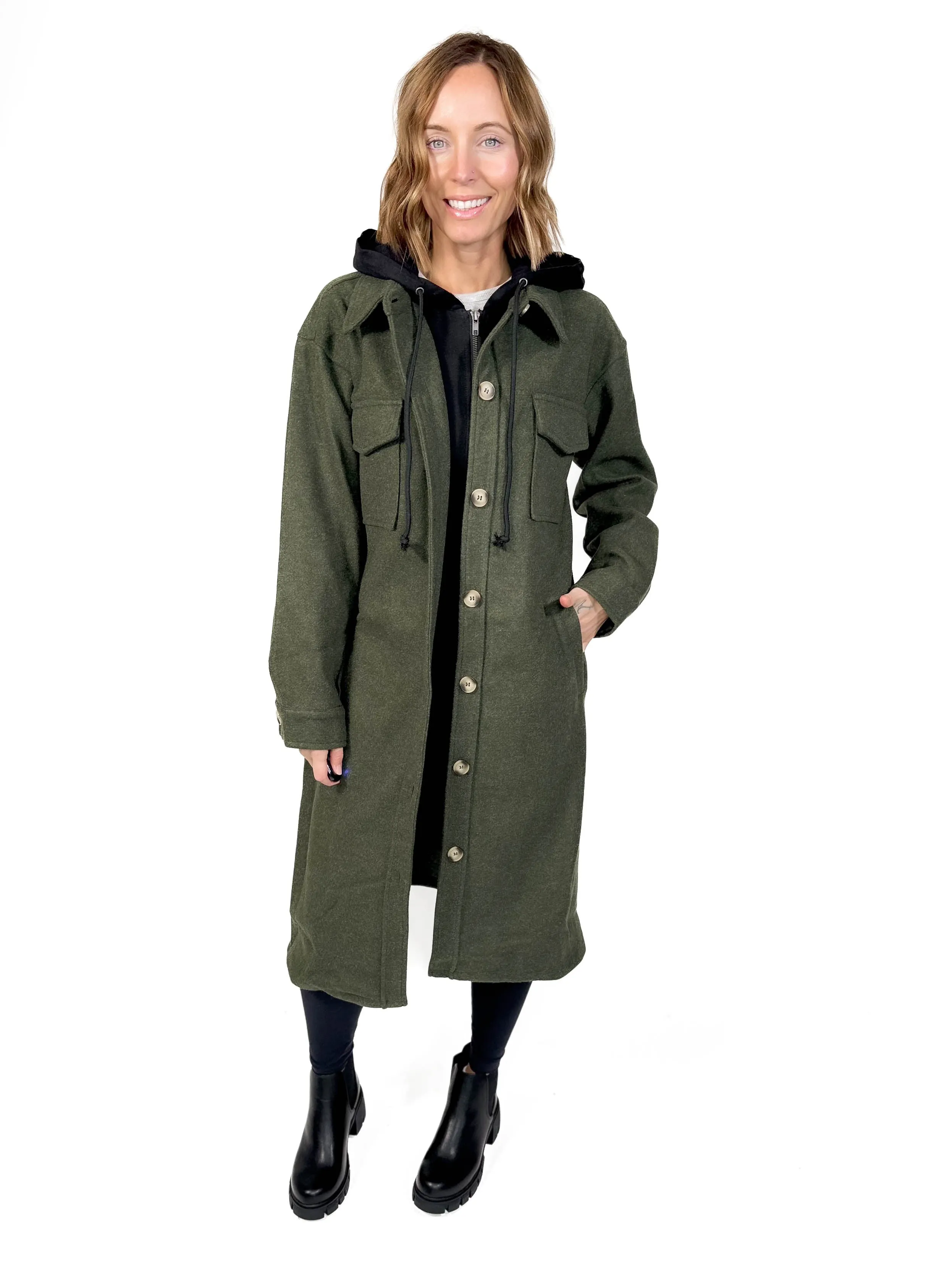 Helena Twofer Hoodie Shacket- GREEN -FINAL SALE