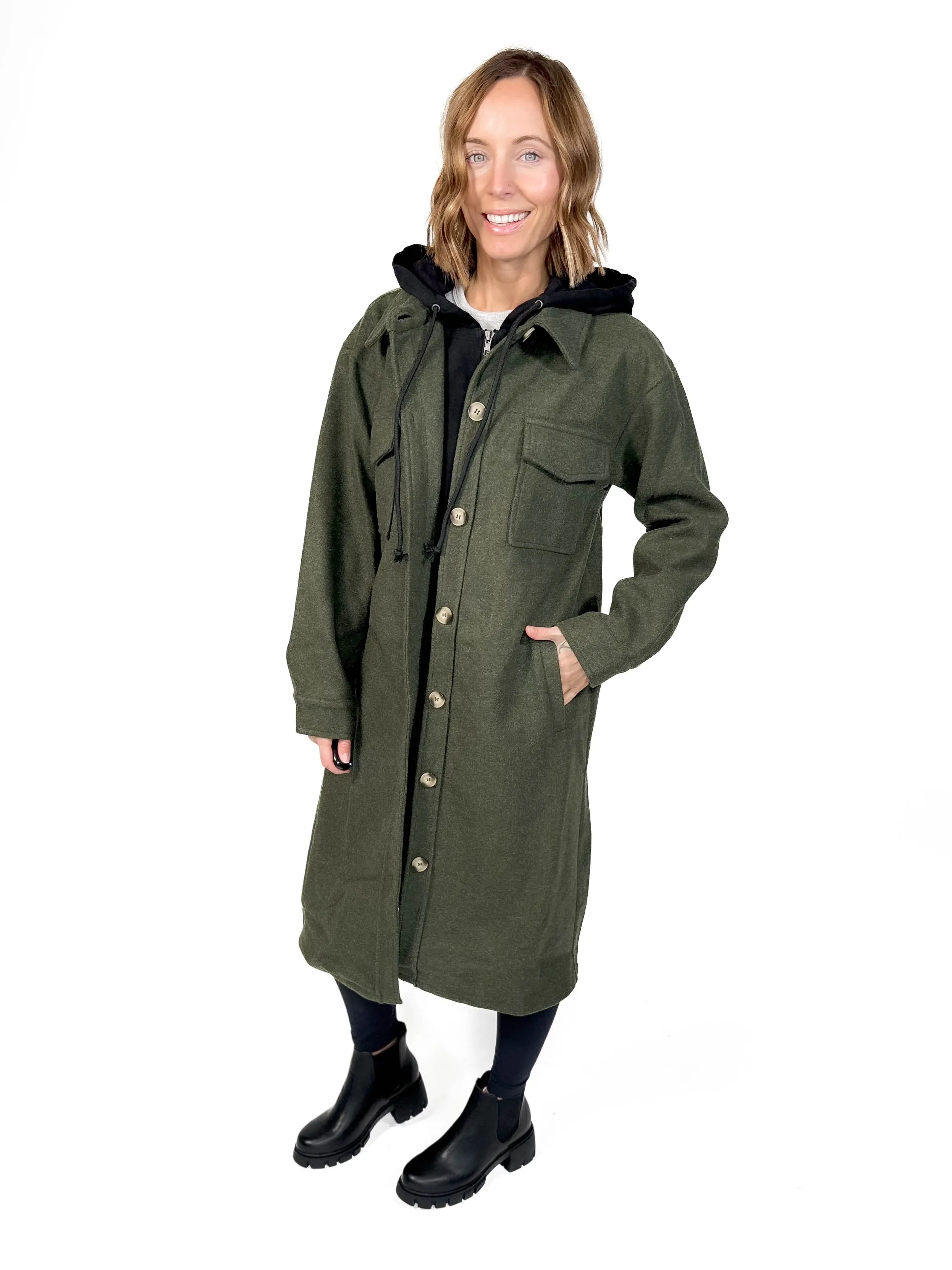 Helena Twofer Hoodie Shacket- GREEN -FINAL SALE