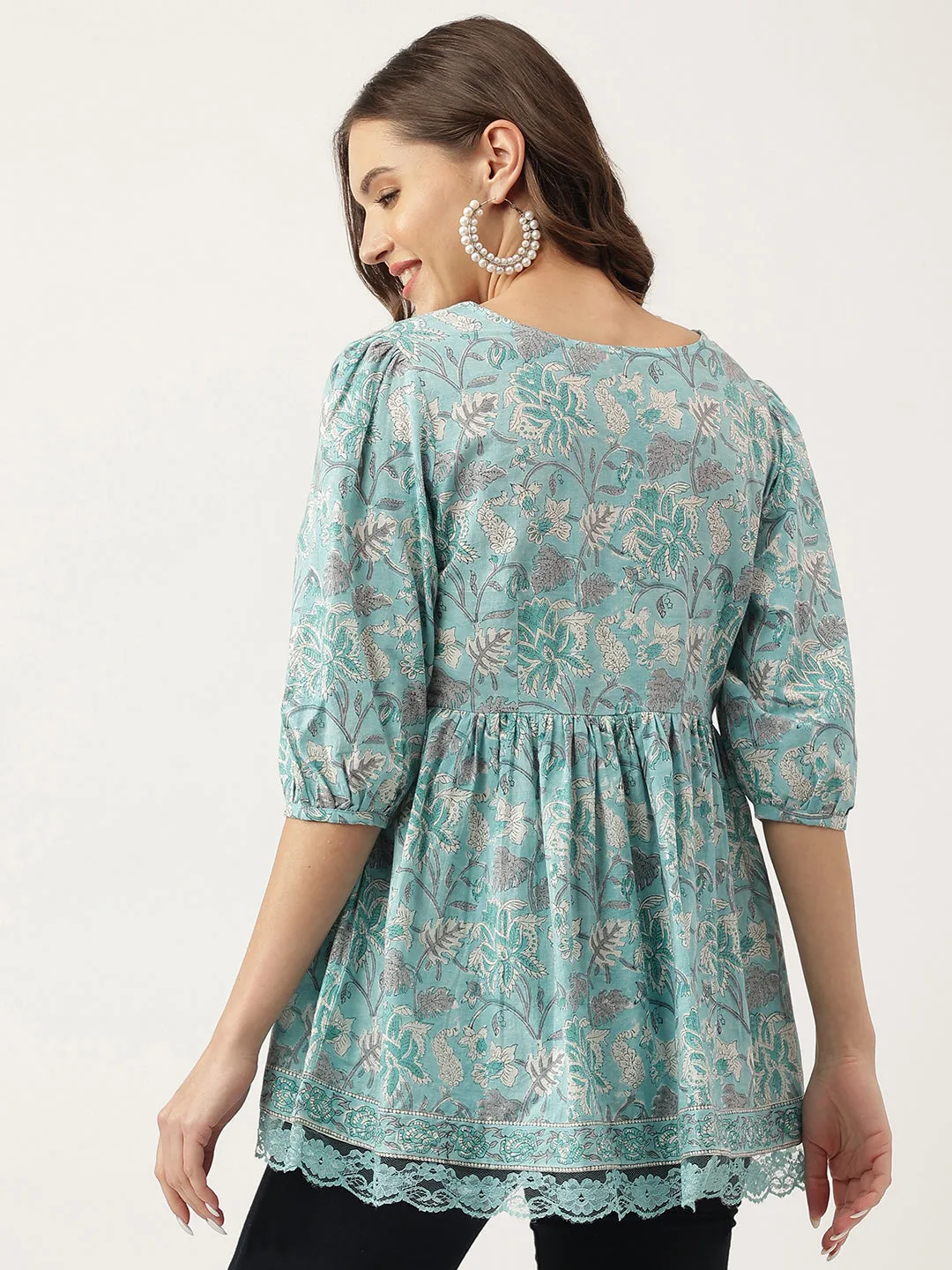 Jashvi Light Blue Floral Printed Cotton Peplum Fit Top