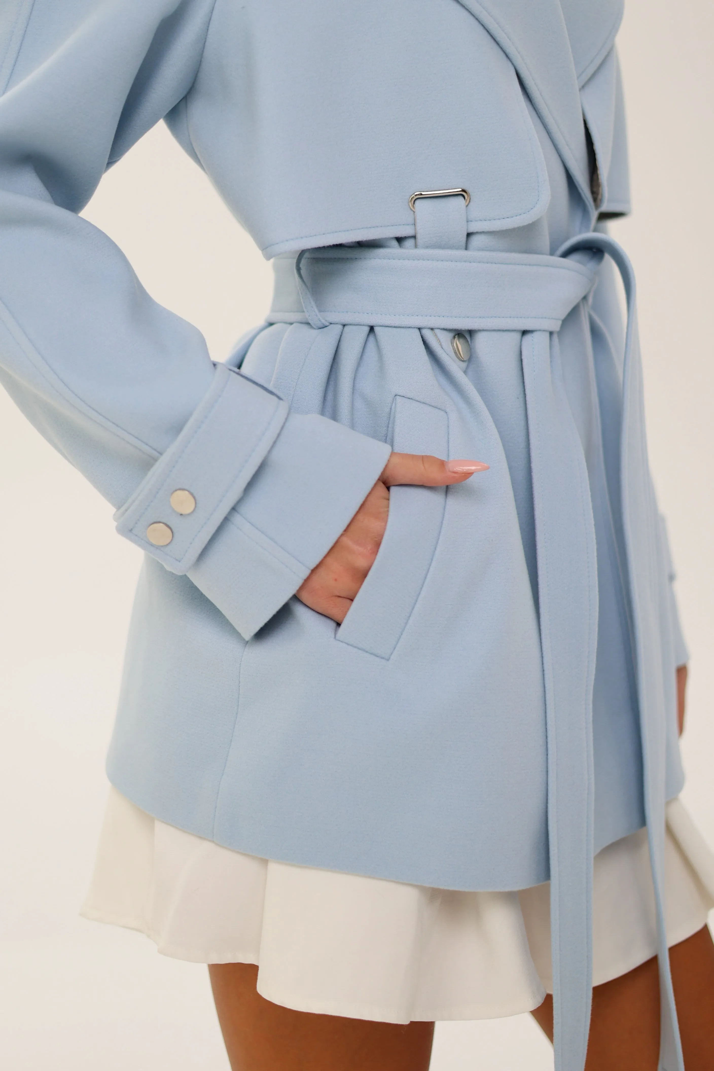 Karina Midi Belted Wool Cashmere Blend Overcoat in Sky Blue