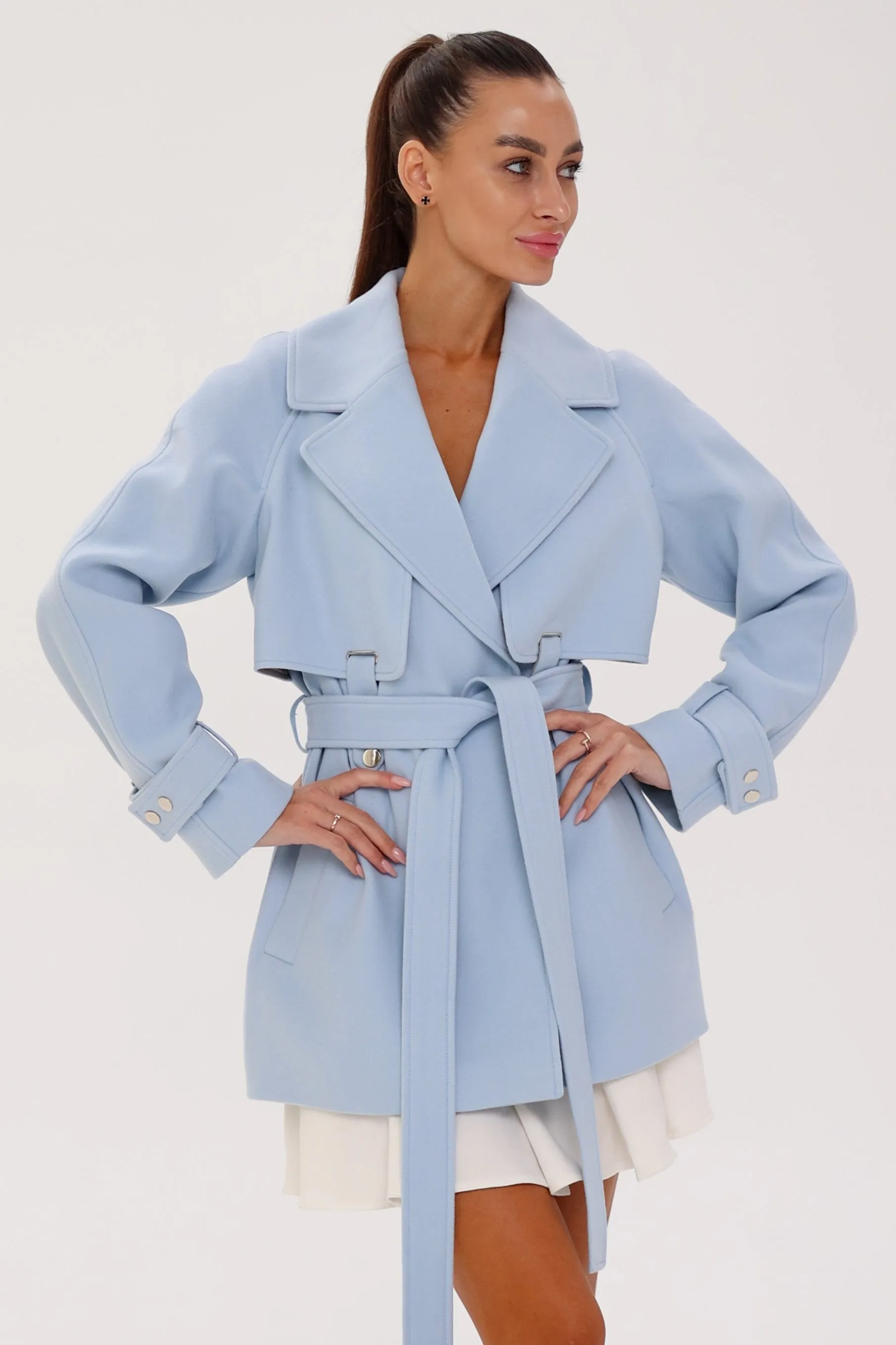 Karina Midi Belted Wool Cashmere Blend Overcoat in Sky Blue