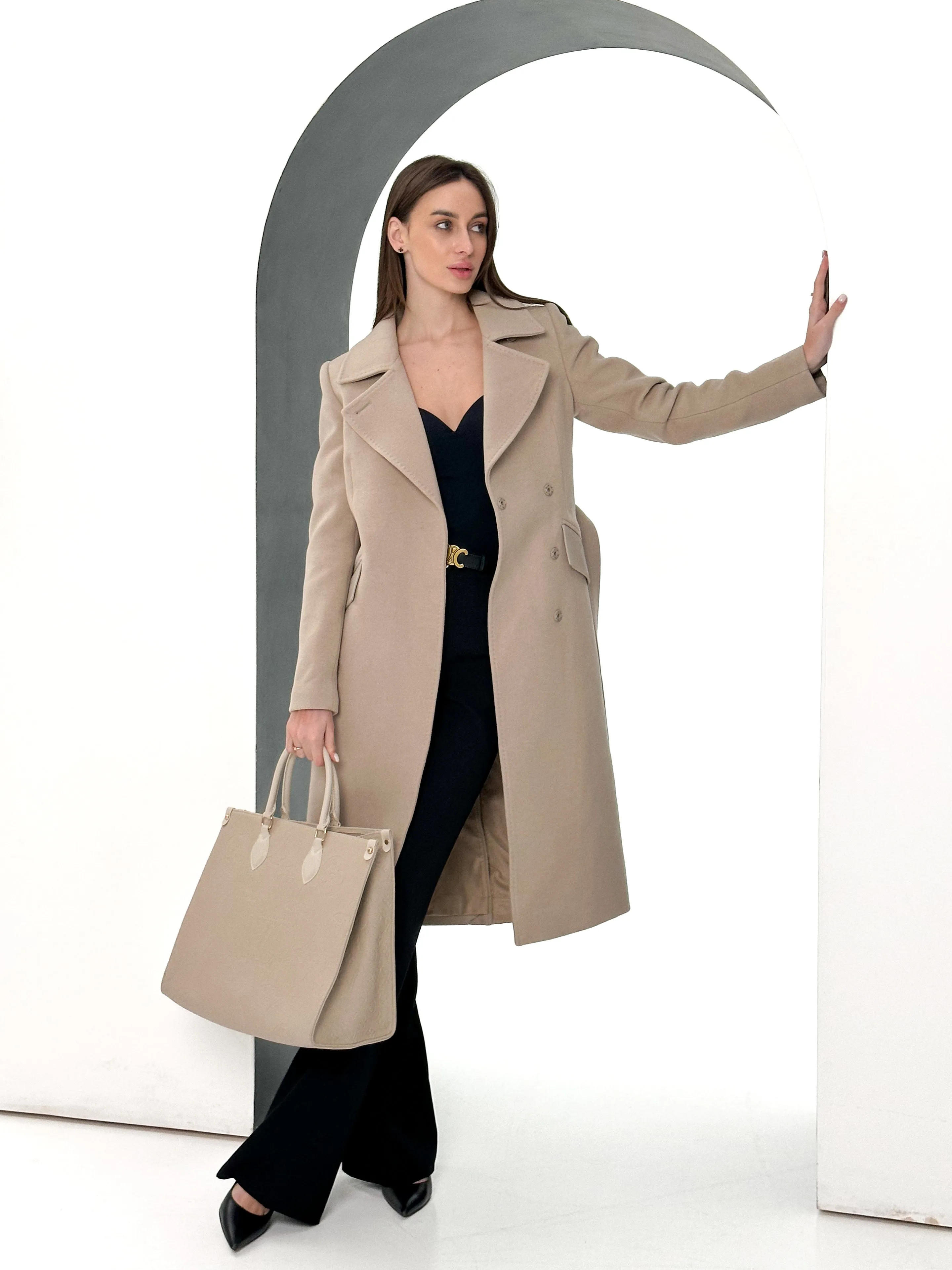 Kendra Cashmere Wool Leather Trim Overcoat