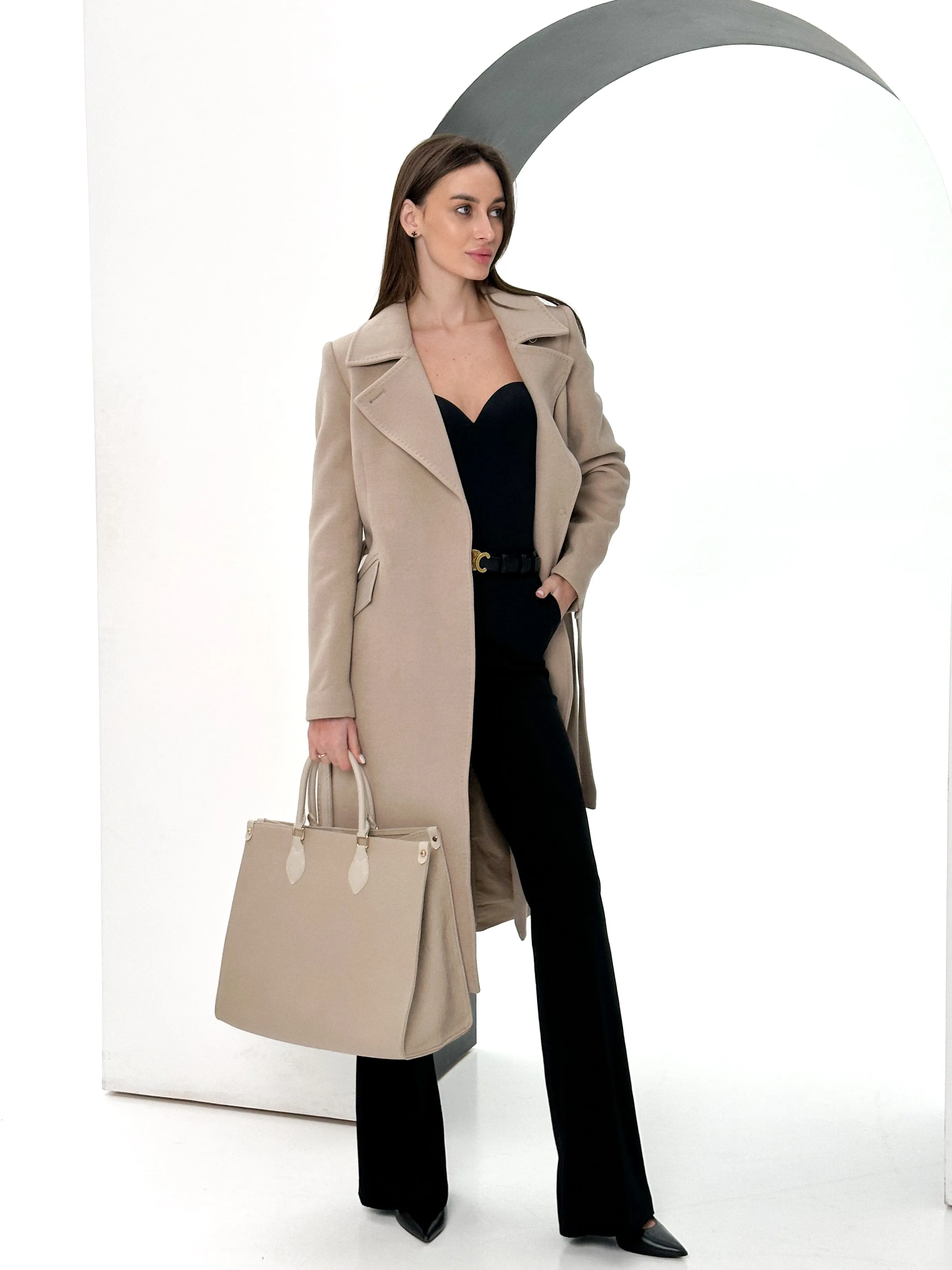Kendra Cashmere Wool Leather Trim Overcoat