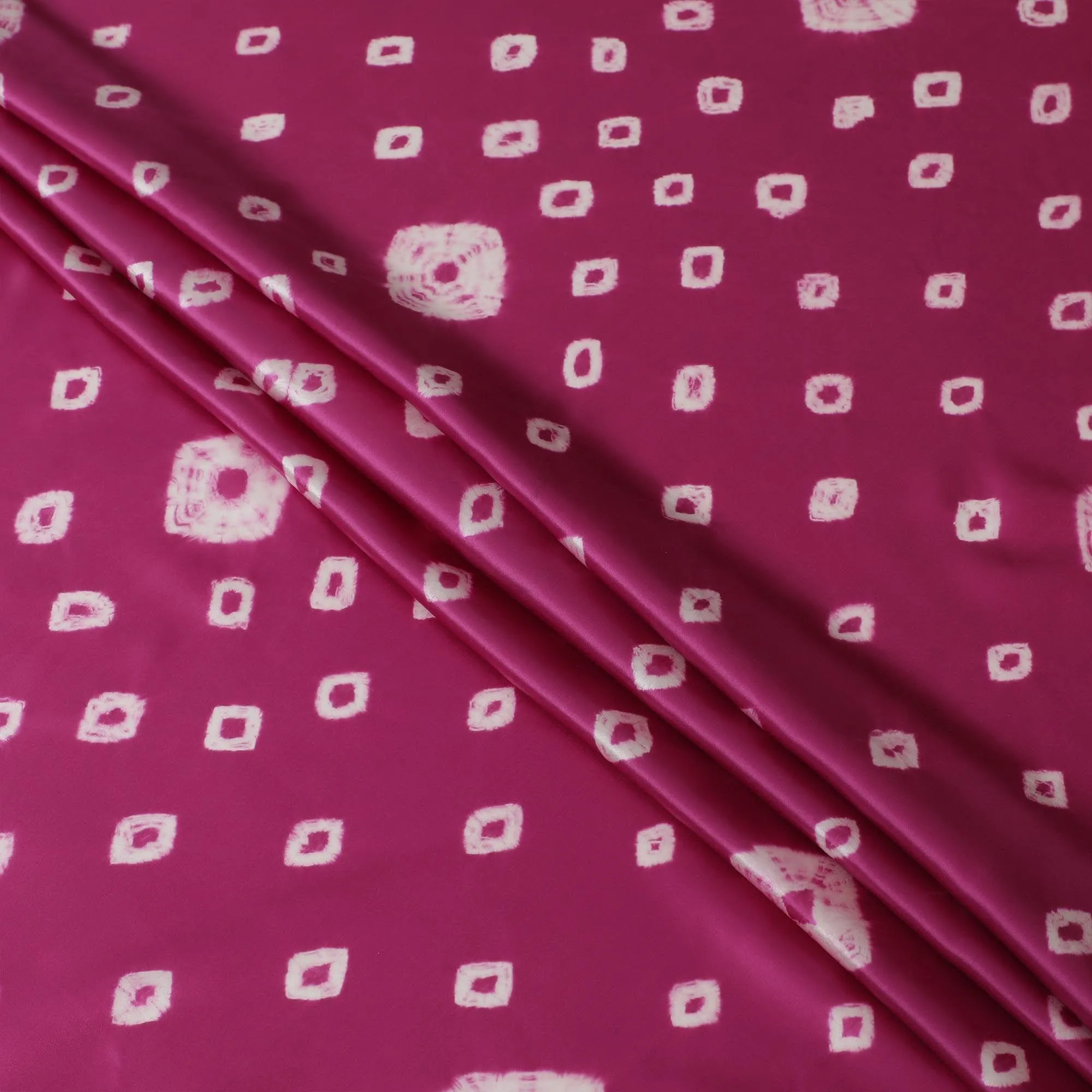 Magenta pink premium pure silk satin fabric with off white print in geometric design-D13260
