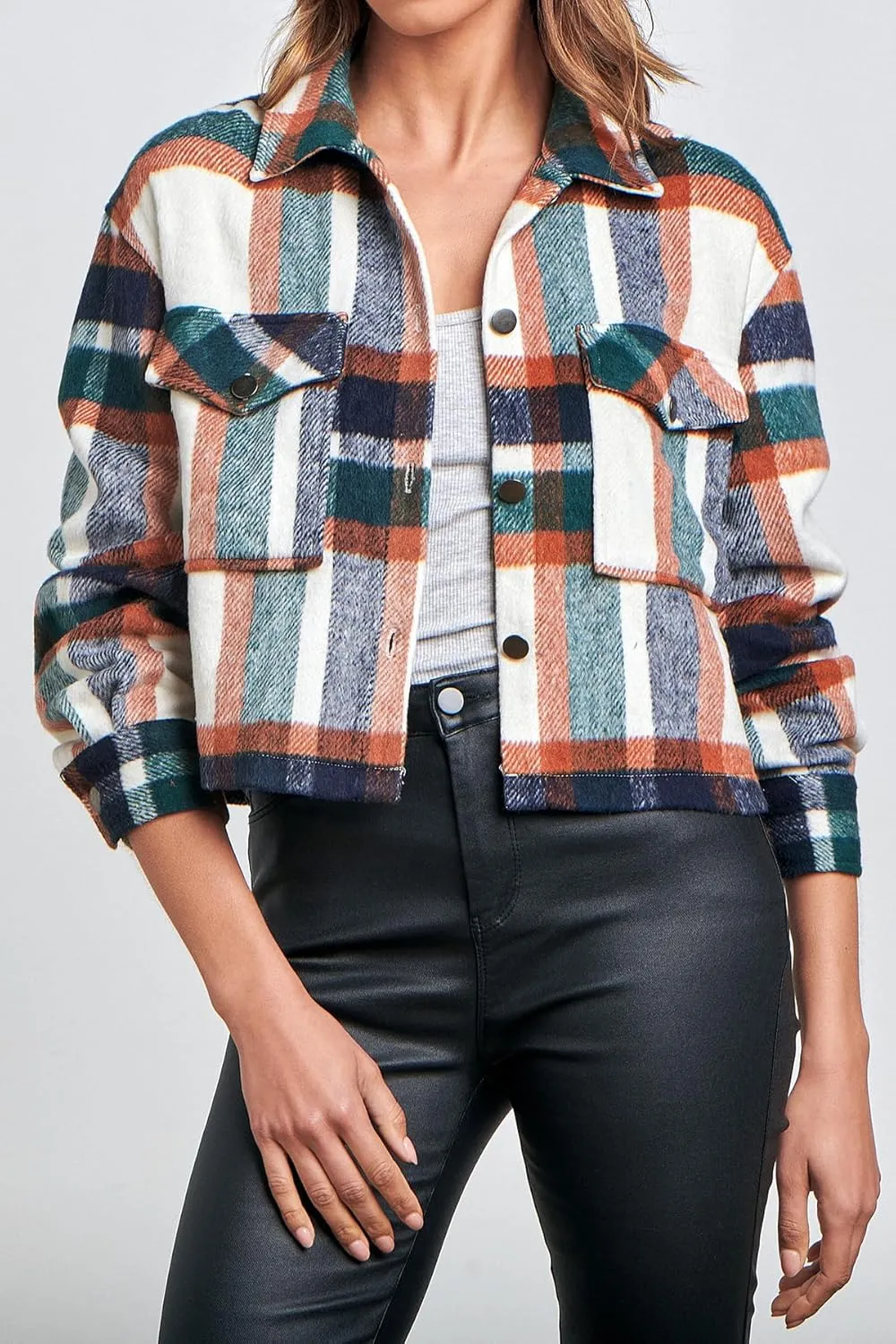 Medium Dark Green Cropped Plaid Shacket for Women - Button Down, Casual Fall Jacket