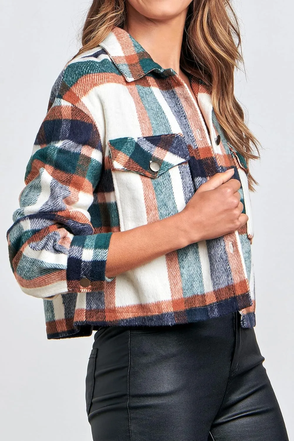 Medium Dark Green Cropped Plaid Shacket for Women - Button Down, Casual Fall Jacket