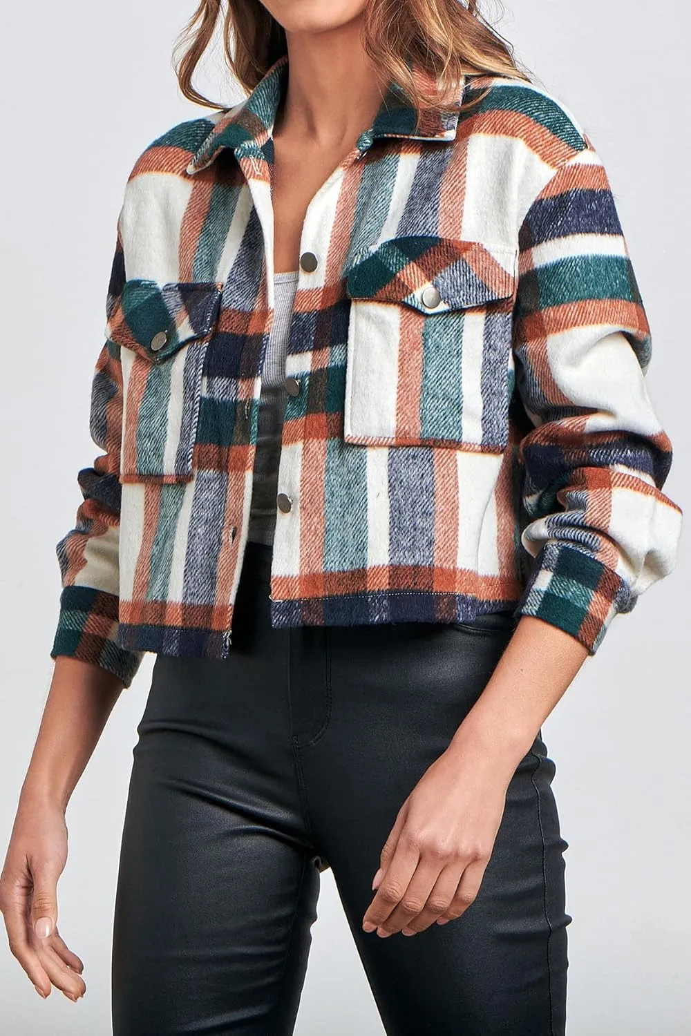 Medium Dark Green Cropped Plaid Shacket for Women - Button Down, Casual Fall Jacket
