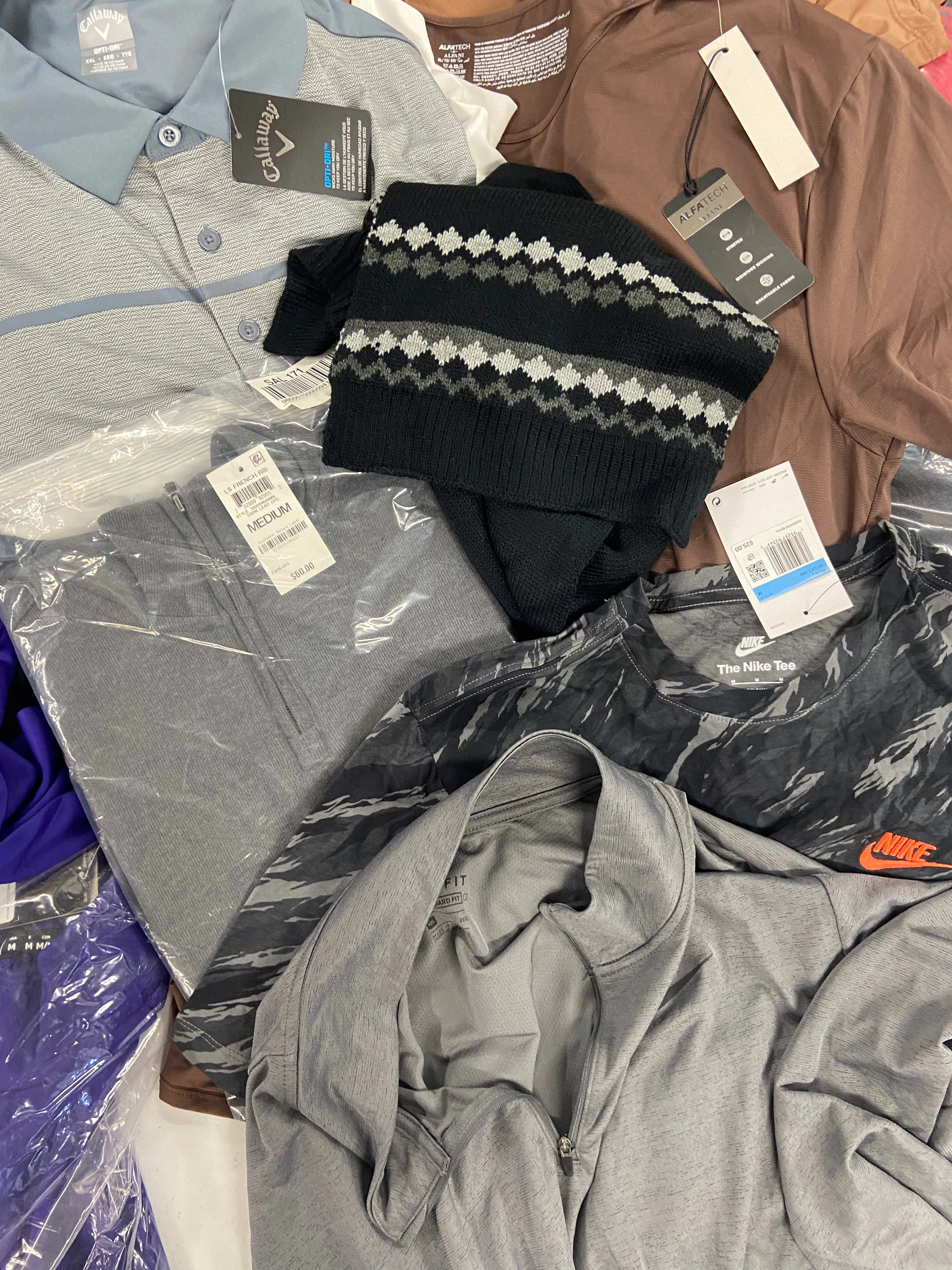 Men's Clothing Tops & Others, Wholesale Lot, NIKE, CALLAWAY, UNDER ARMOUR, ADIDAS, CHAMPION and more 15 items, Shelf Pulls, MSRP $761