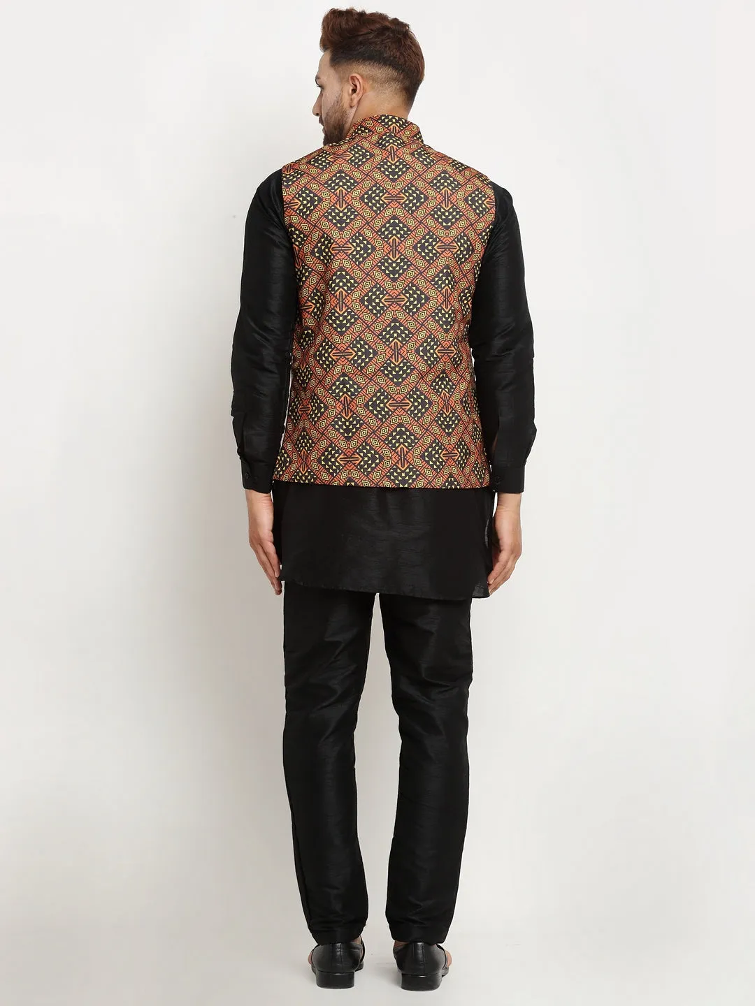 Men's Silk Blend Black Kurta With Pyjama & Brown Printed Nehru Jacket - Benstoke