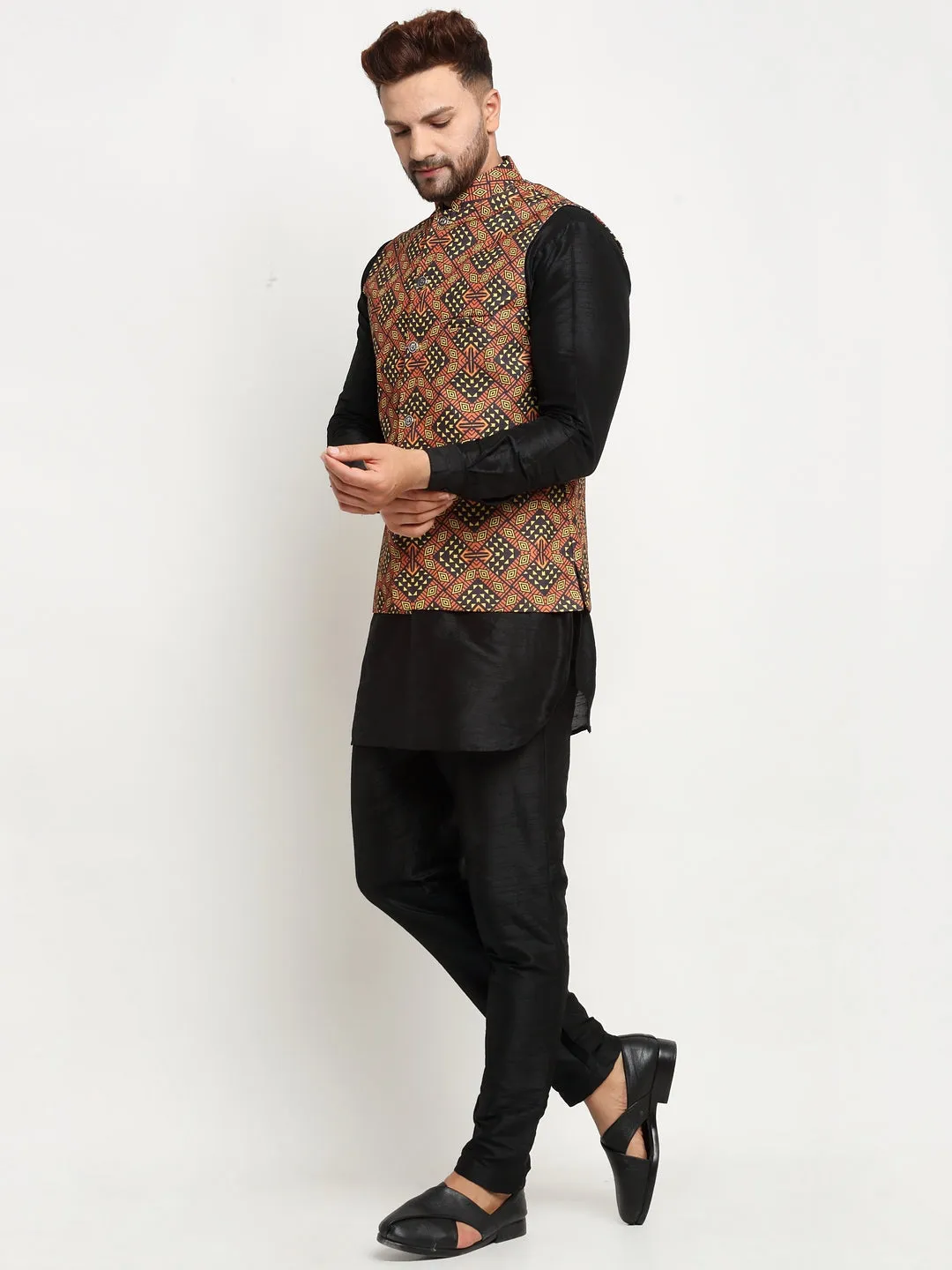 Men's Silk Blend Black Kurta With Pyjama & Brown Printed Nehru Jacket - Benstoke