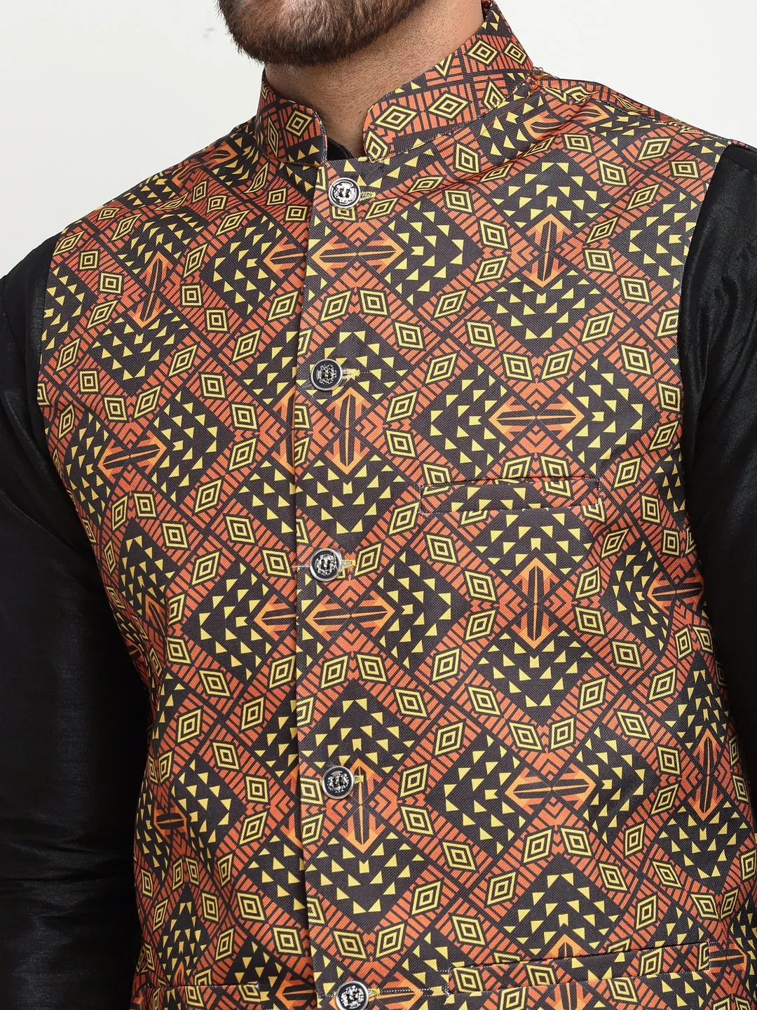 Men's Silk Blend Black Kurta With Pyjama & Brown Printed Nehru Jacket - Benstoke