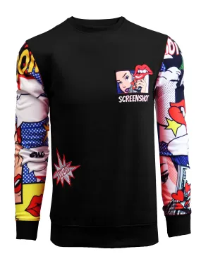 POP ART CARTOON CREW NECK FLEECE SWEAT SHIRTS-F11062 (BLACK)