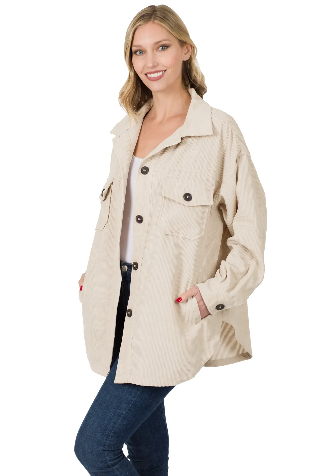Relaxed Fit Corduroy Shackets In Burgundy, Sand Beige, Black